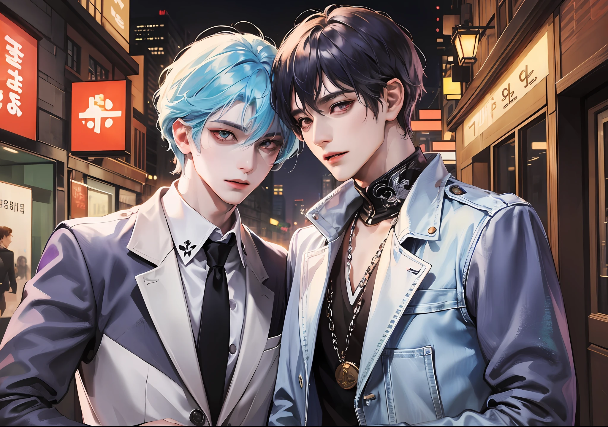 masterpiece, top-quality, 2Others, Male couple, 1 man and 1,, Adults, Height difference, different fashion, different color, finely eye and detailed face, intricate detailes, Casual clothing, Oversized shirt, Modern urban streets, A smile, Happiness, tenderness, queers, high-level image quality、 Two beautiful men、tall、The upper part of the body、nightfall、nighttime scene、𝓡𝓸𝓶𝓪𝓷𝓽𝓲𝓬、Korean Male, Idol Photos, k pop, Professional Photos, Vampires, Korean fashion in black and white, Fedoman with necklace, inspired by Sim Sa-jeong, androgynous vampire, :9 detailed face: 8, extra detailed face, detailed punk hair, ((eyes are brown)) baggy eyes, Seductive. Highly detailed, semi realistic anime, Vampires, hyperrealistic teen, delicate androgynous prince, imvu, short hair above the ears, Man with short hair, Purple-haired man with a glaring expression and a man with light blue hair with a gentle expression, With a short-haired man with bright purple hair, Man with light blue hair