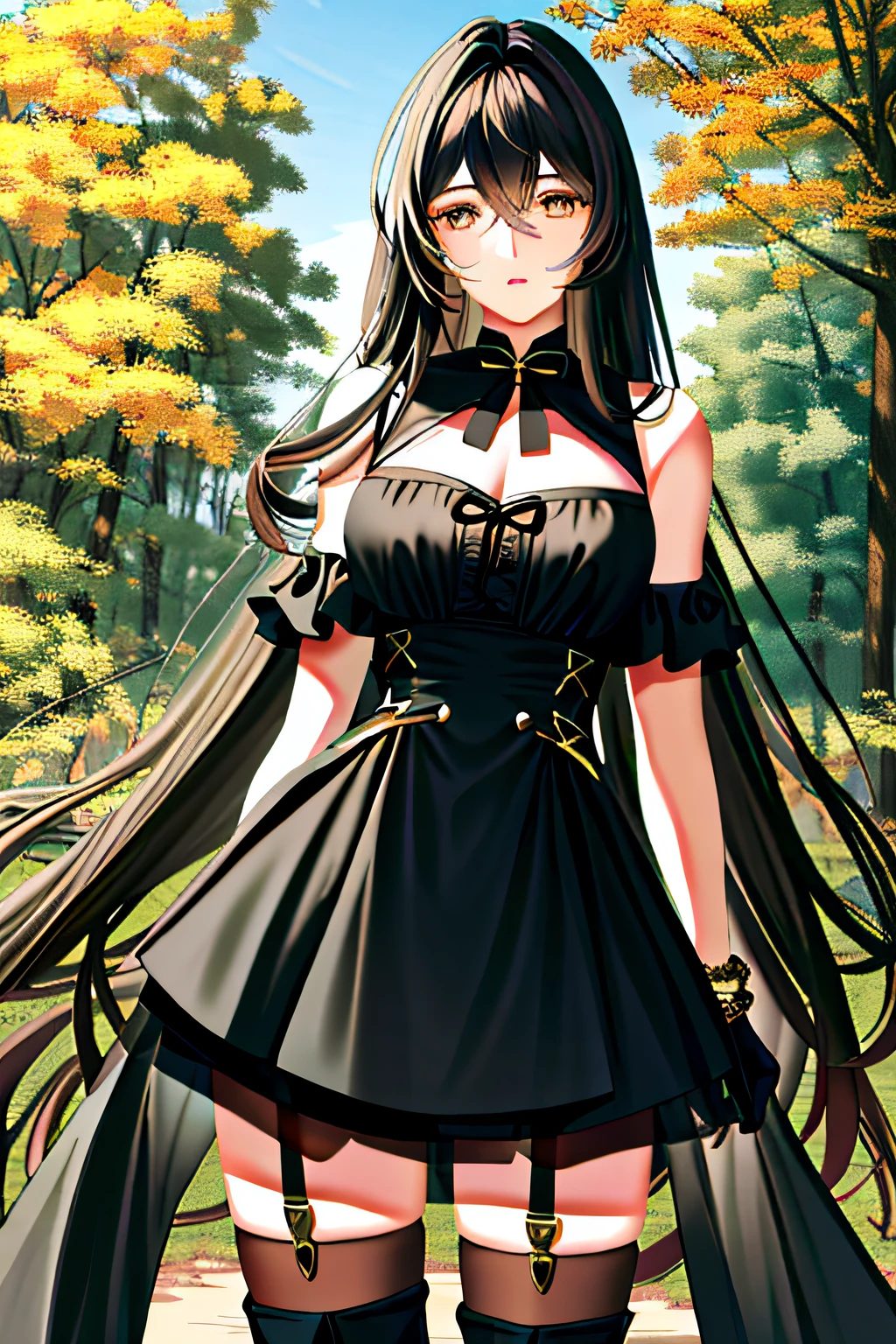 Outdoors,Maplewood,(Masterpiece, Top quality, Best quality, offcial art, Beautiful and aesthetic:1.2), (1girll:1.3), (delicate leg:1.3),((Masterpiece, Best quality,Photorealistic,)),(Magazines:1.3), (Beautiful dress:1.3),Fashionab,femele,full bodyesbian,Solo,Look at the maple leaf,cabellos largos dorados,shift dresses,Black gloves, Large breasts, Long hair, jewelry, Black stockings,Black over-the-knee boots, ,shades,STG44(Girl front)