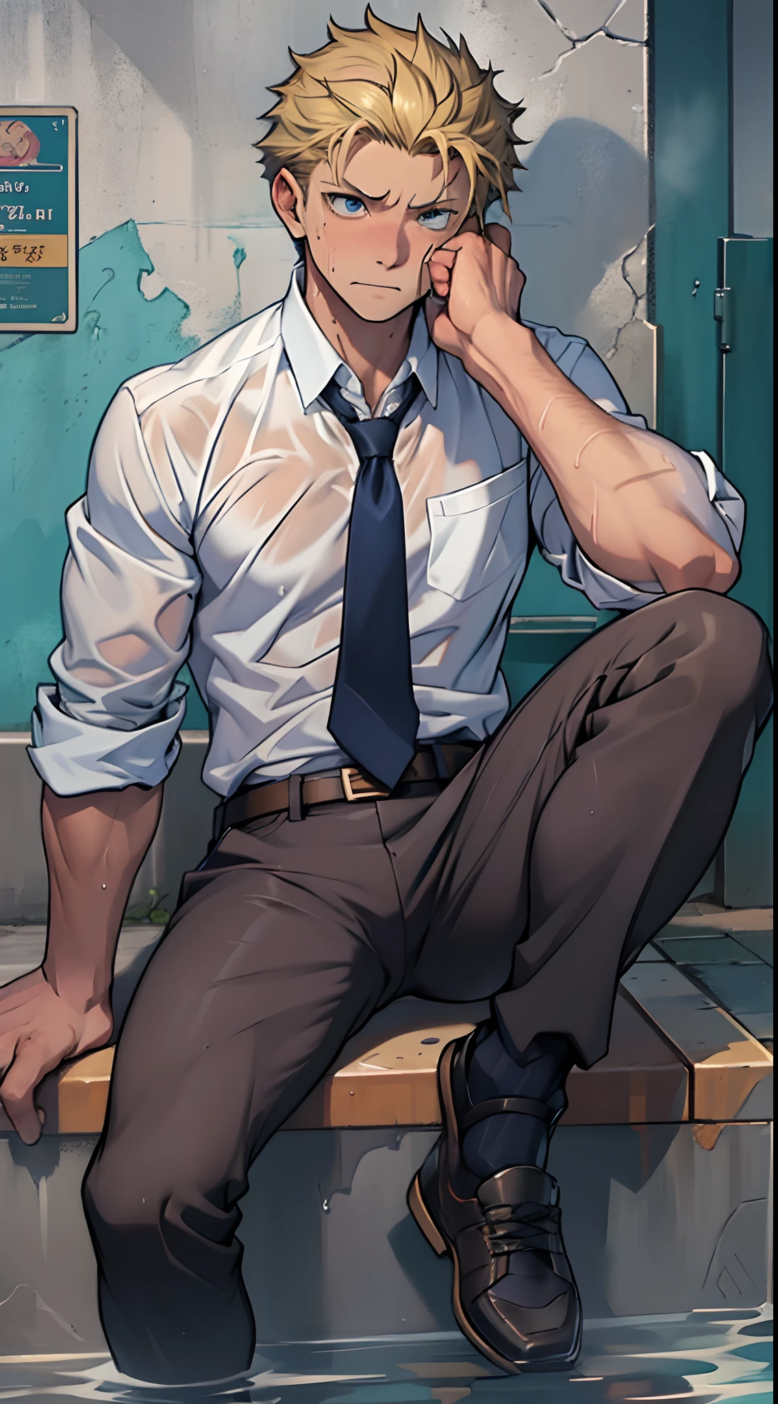 (1 Adult male),A high resolution, Sharp focus, Pixiv masterpiece, ((Complicated details)), highly detailed, natsuki_subaru, 1 man,perfect male figure,Urine on the trouser leg, Nervously bow your head,is shy,embarressed,exhilarated,is shocked,panicking,worry,A pool of urine formed around him,Very eager to pee,Unbearable,Wet yourself,Urine discharge,full bodyesbian,sit astride,Tired,decadent, blue color eyes(eyes glowing), Short yellow hair,white shirt,Wear a tie,Wear a belt,trousers,perspire,Drenched,Get wet,pissing,urine flows down the pants,look from down