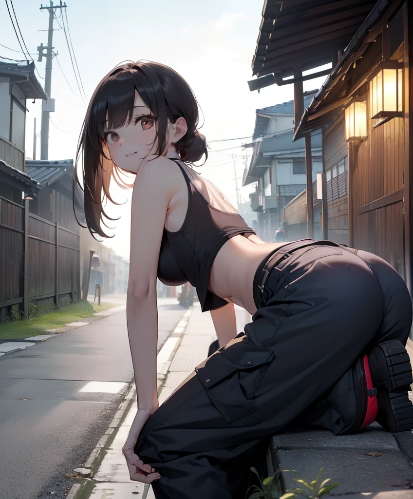 (masuter piece:1.3)、(in 8K、top-quality: 1.4、​masterpiece、 The ultra -The high-definition、 Top resolution,、ighly detailed、 profetional lighting、 Gray Light Lighting、Low angle from below、Lined with old Japan houses、Back alley、sitting on、Beautuful Women, a small face、de pele branca、17 age、Bright smile、(A dark-haired、poneyTail)、(Street fashion、Fitted Tank Top、Military Cargo Pants)、thin and long legs、Beautiful hip line、Beautiful spine、constricted back、Toned waist、upturned ass、Brown eyes,cheeks on the face a little red, beutiful breast、Breast is an A cup、