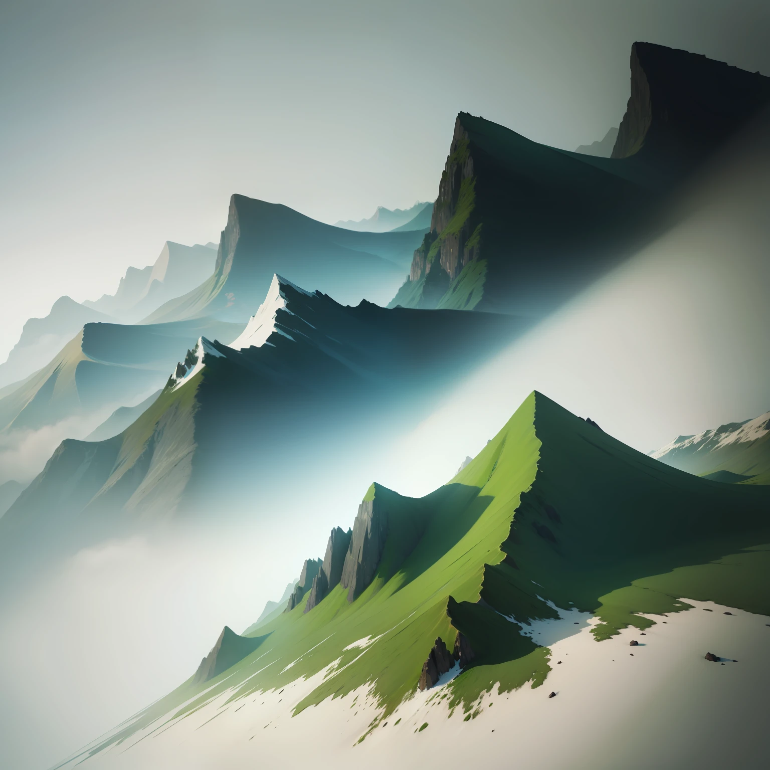 Most of the ink green mountains are left blank