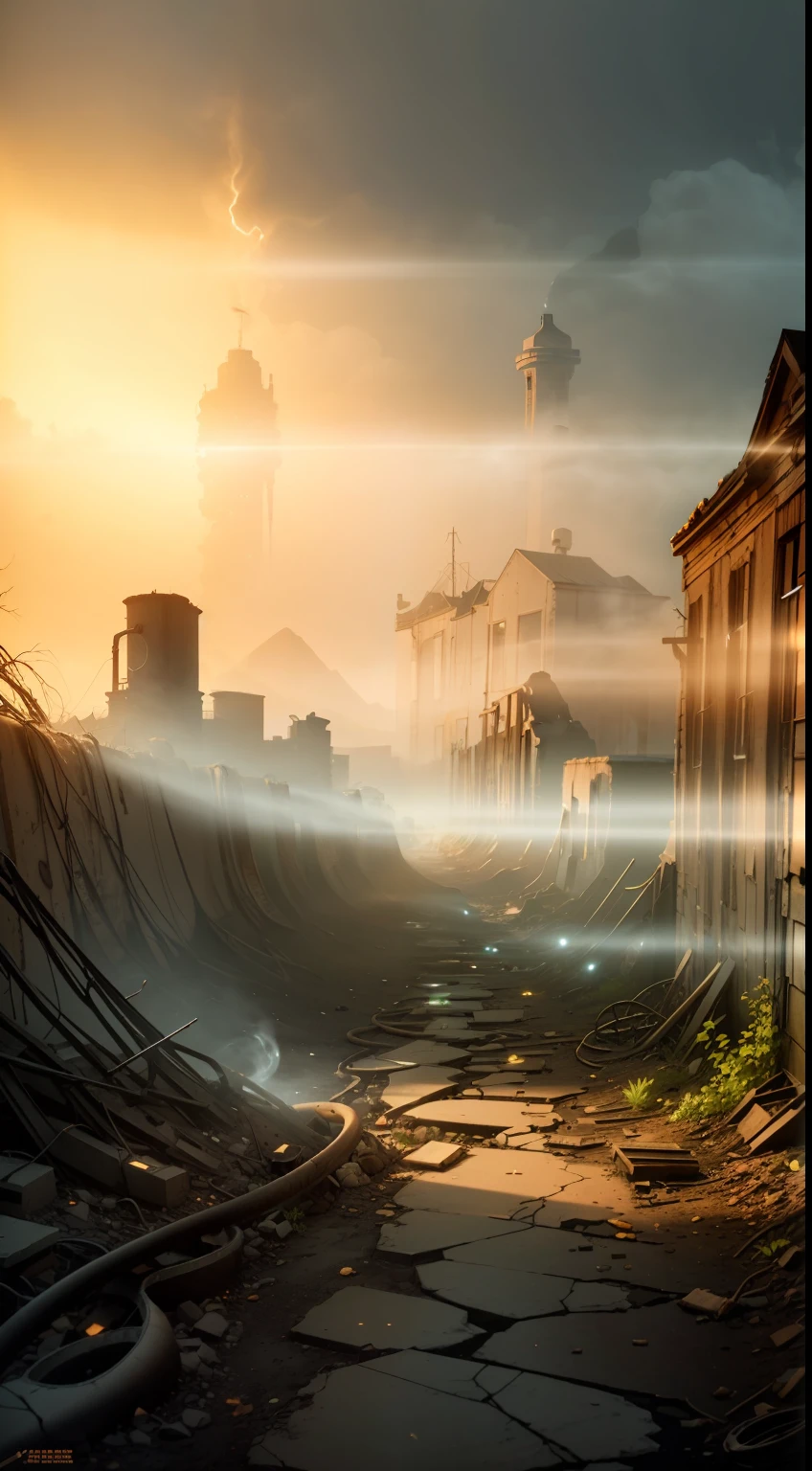 Create an 8K visual composition that captures the ghost town of Centralia as an intriguing and mysterious location. Utilisez des logiciels, Targeted light to highlight details of crumbling structures, such as cracked walls and broken windows. Add elements of smoke coming out of cracks in the ground to convey a sense of mystery and otherworldly surroundings