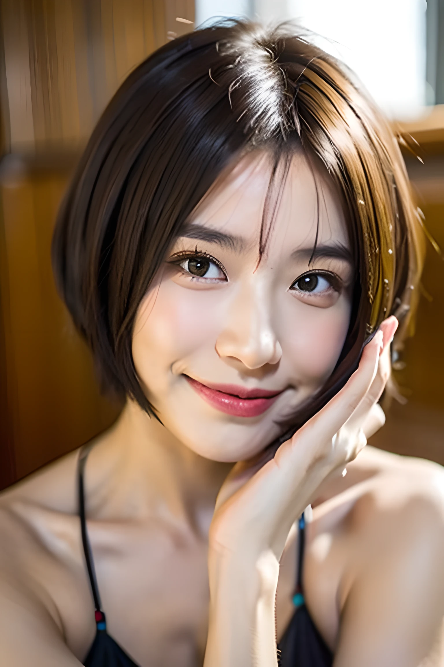 ((Highest quality, 8K, masterpiece: 1.3)),RAW Photos,Realistic atmosphere,Lens flare, Ray Tracing,(Detailed beautiful white skin:1.3),Beautiful Japanese,22 years old, Shiny light brown short hair,(Sexy face mole on lips),Naked and innocently frolicking,Cute smile with visible teeth,I'm happy and pleased,Enjoying themselves,Beautiful nails,