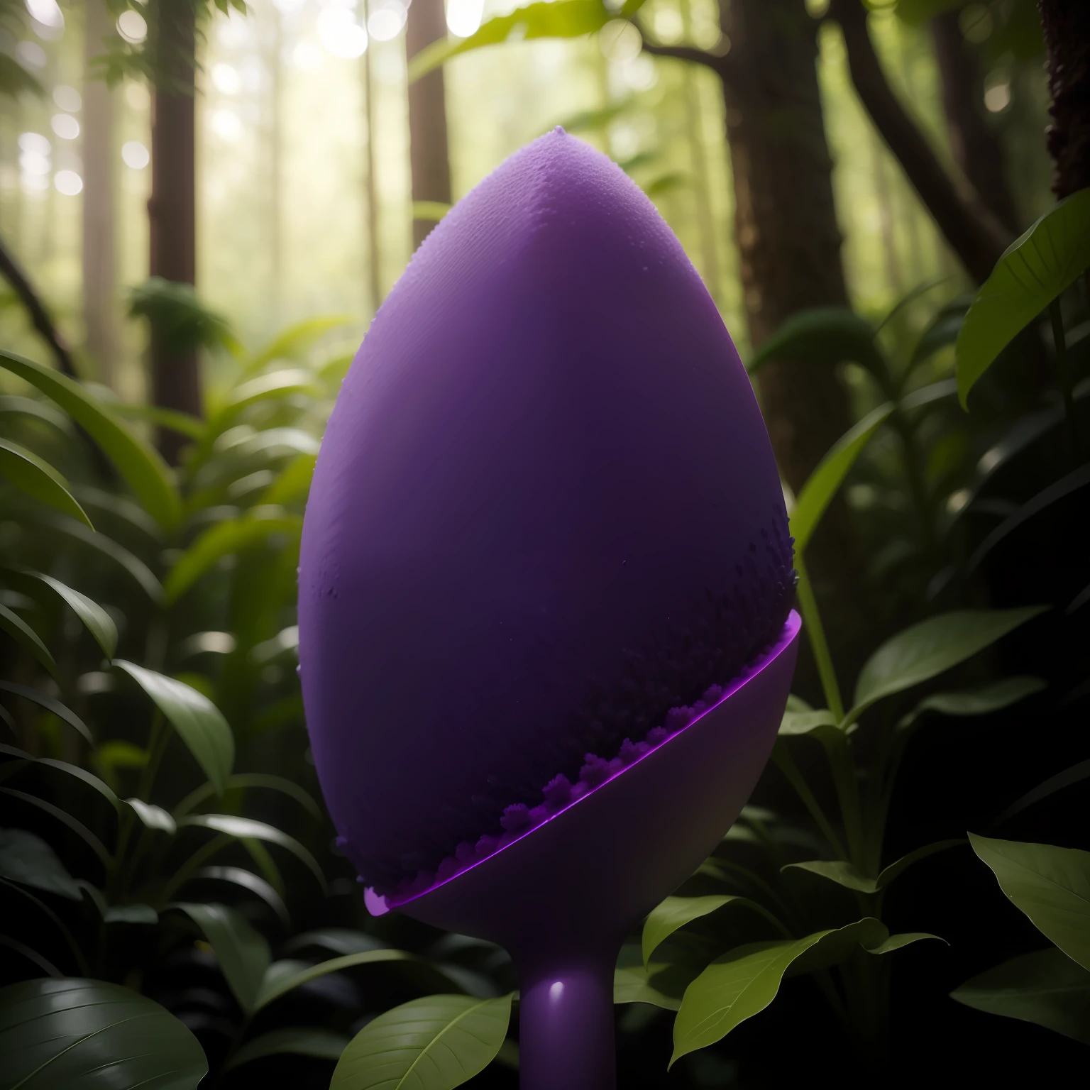 Purple makeup sponge,indoor shooting,The close-up view is a meadow with a few ferns and flowers,The forest is in the background,The vista is blurred,Natural light,Commercial product photography,telephoto lenses