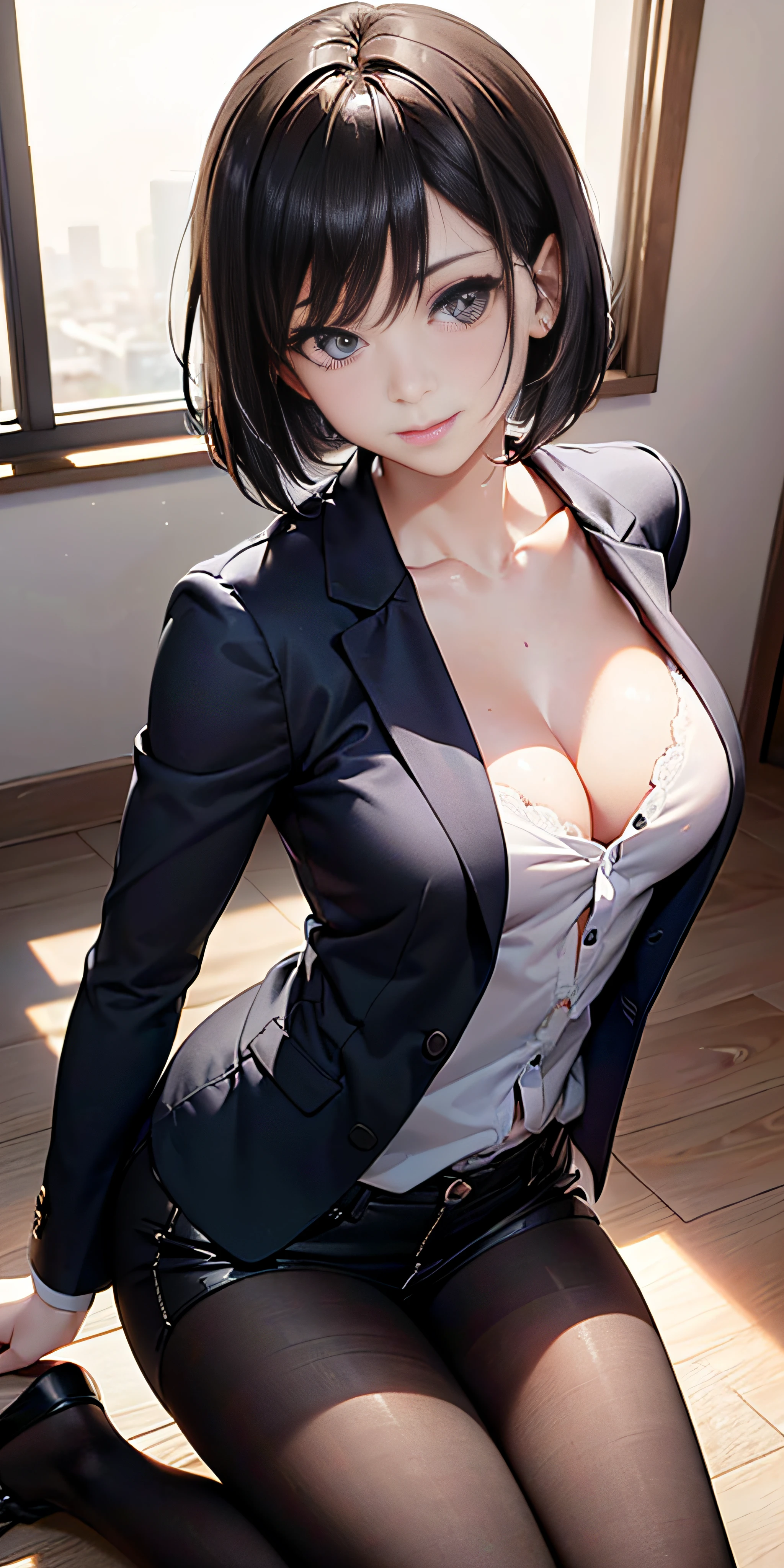 anime, estilo anime de mujer realista, (ejecutiva empresarial), 18 years old girl, (blazer gris, cinta, minifalda plegada, calcetines, uniforme de escuela privada: 1.2), aula de negocios, hermoso detalle en los ojos, (eye size: 3/4) luz en la cara, ((foto de cuerpo completo: 1.2)), luz especialmente fuerte, (ojos superiores, sonrisa sonriente: 1.2), piel brillante, (((cabello negro, cabello bob: 1.2))), (muslos gruesos), ulzzang-6500-v1.1: 0.2, bashful, (flash: 1.2), NSFW , (hinchado), ((postura seductora: 1.2, atractivo: 1.2)), (inactivo), (sentado en el aula: 1.2)), ((good anatomy: 1.2)), ((aula brillante y refrescante, fondo borroso: 1.2)), cara perfecta, cara linda y simetrica, (High Angle Shot: 1.2)s., Natural side lighting, ((8k, fotos RAW, calidad superior, obras maestras), High Definition RAW color photos professional close-up photos, (realista, fotorrealismo: 1.37), (highest quality), (mejores sombras), (mejores ilustraciones), Clavicles ((grandes)), ((erotic, sexy, ultra-high-resolution, 8K HD Unified CG Wallpapers, Physical representation, movie lighting), Canon EOS R50 camera 50mm lens