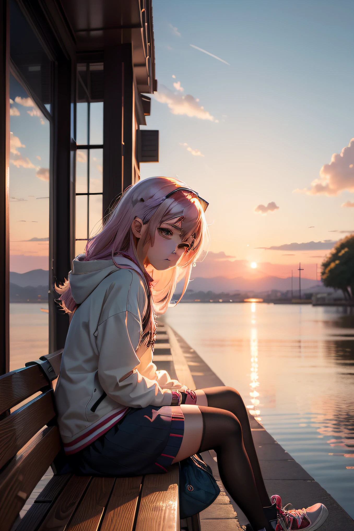 Anime girl sitting on bench watching sunset, style of anime4 K, Anime art wallpaper 4 K, Anime art wallpaper 4k, Anime art wallpaper 8 K, 4K anime wallpaper, Anime wallpaper 4 k, Anime wallpaper 4K, ross tran. scenery background, anime wallpaper, trending on artstation pixiv, Beautiful anime artwork, Digital art on Pixiv
