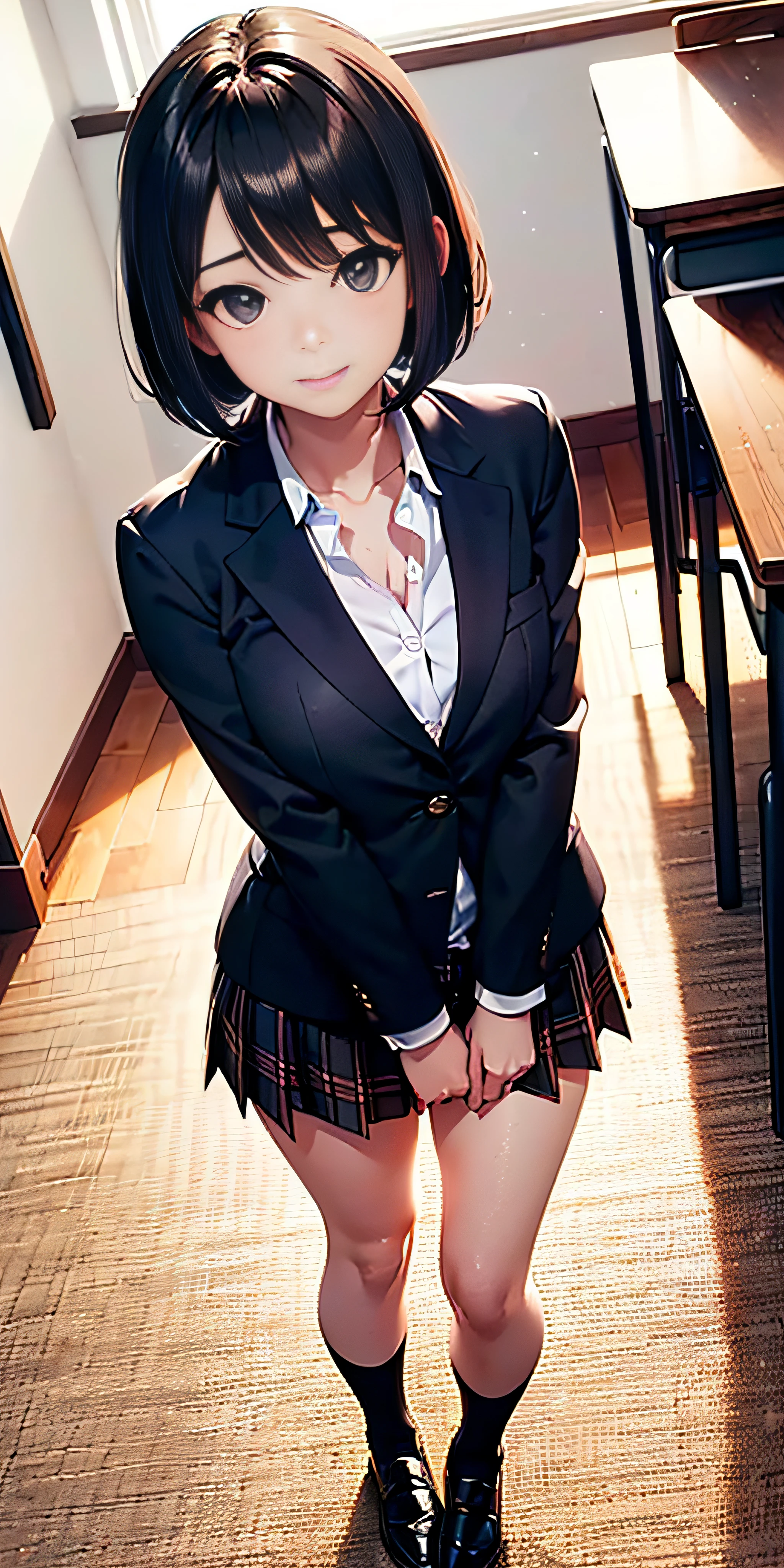 （hair band, Black sailor collar, Black blazer, Black bow tie, Long sleeve, Pleated skirt）一人のgirl,High resolution, ,Full nudity、girl、cute 、Thick pubic hair、Nipples、Thighs、The Gaze of Love、Sweaty body、Young Face、Beautiful Face, Photorealistic images、In detail、masterpiece,Lift your legs,Wear knee-high socks,A body that is structurally identical to the human body