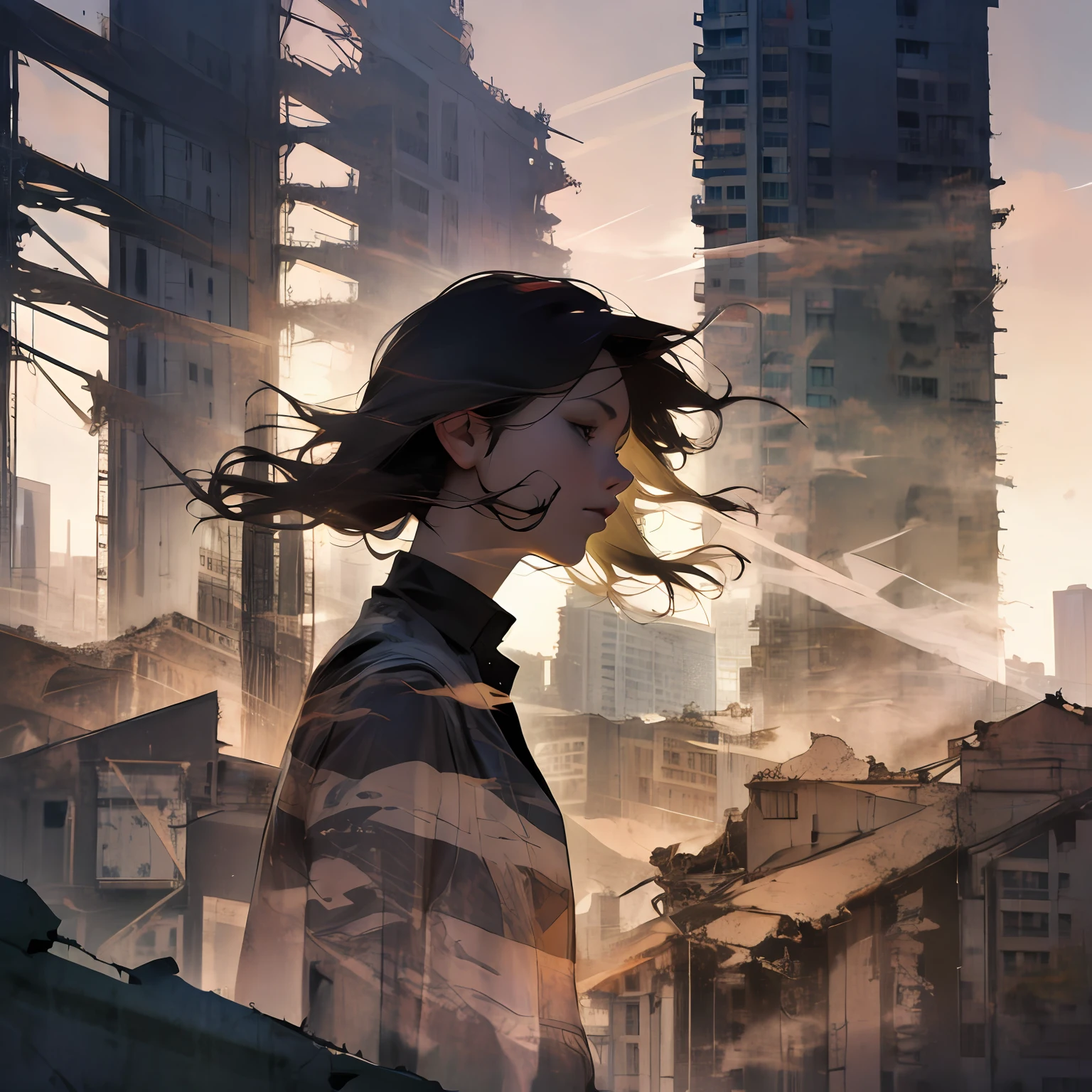a praying girl, city in ruins, double exposure