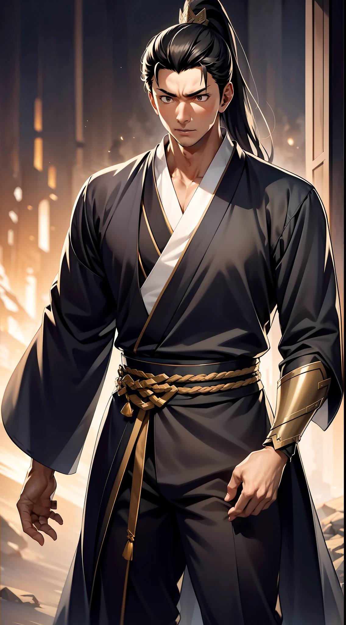 quadratic element,style of anime,mtu(Male Warrior),The proportions are correct,Face details,swordsmen,High ponytail hairstyle,Neck details,There is an Adam's apple,Black Hanfu,kaftan,black toga,clothes details,Handing over,longer sleeves,Game quality,Swordsmanship,Light and shadow tracking,Ray traching,detailed glow,cg render,hair detail,cabelos preto e longos,Black ㇏ eyes,Handsome,Handsome,(juvenile sense),Clothing is complicated,Perfectcomposition,Refinement,high qulity,higher details,Lots of details,The background is complex,a sense of atmosphere,