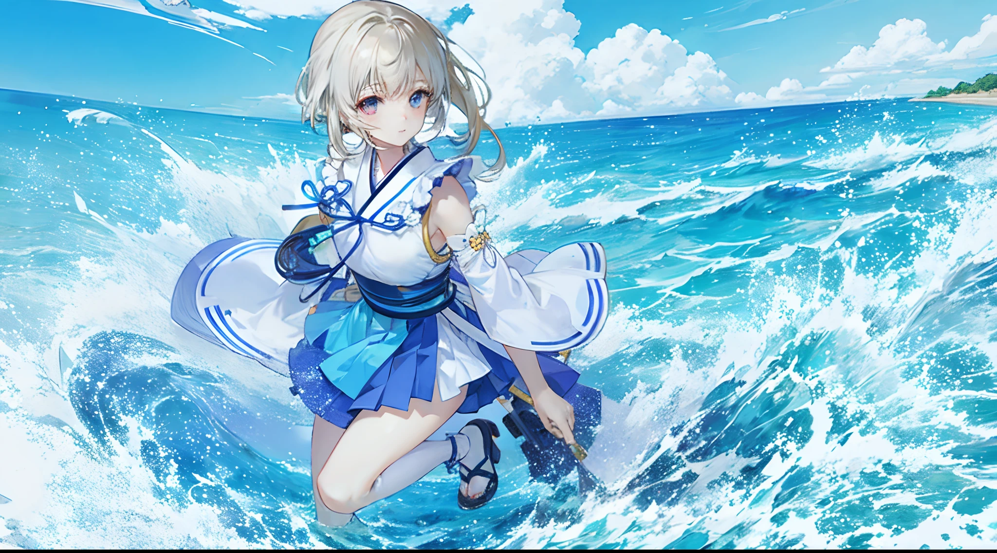 A beautiful  girl playing on the beach，Water guns in both hands, Accompanied by two cute pets, It looks like she's happy, It has a light blue double ponytail, Light blue and light red eyes, Side vent bangs, Red short skirt, Wear light red high heels, Blue sky and white clouds in the background, Azure sky, light white and light blue, Japanese Kyoto cartoon anime style, Global soft light, Anime rendering, scene composition, Top view, super wide shot, High quality, CG, Spirited Away, Hayao Miyazaki