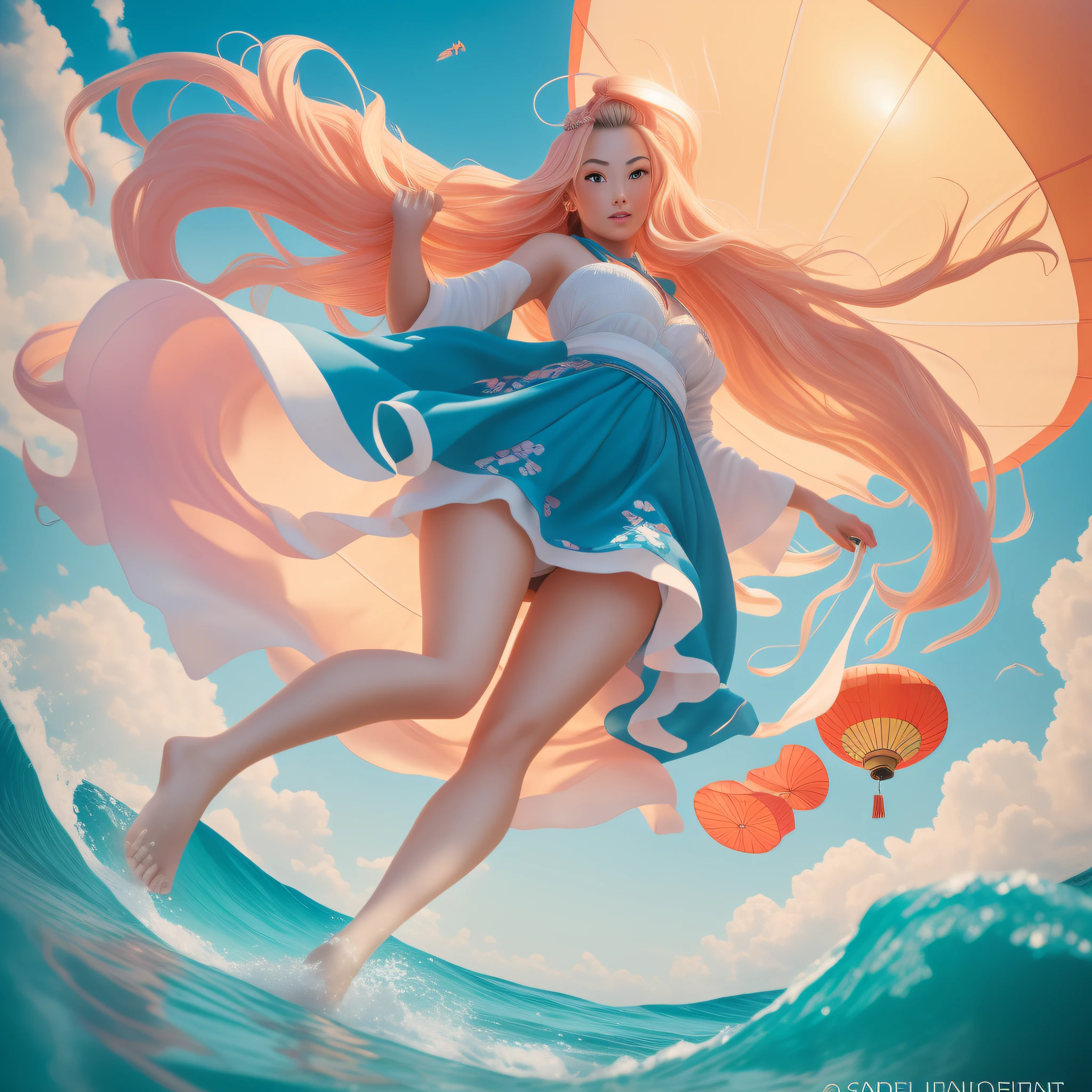 long shot of cute lady, looking at the camera viewed from below, with wavy long blonde hair, parachuting down holding a giant Chinese lantern floating down form a sunny summer day sky to watch the pink sunset, as she lightly touches down in the shallow clear blue foamy surf of an otherwise alien seashore, showing the sandy beach, and toes in the sand and surf, 28k resolution hyper-detailed, photorealistic Kurosawa.