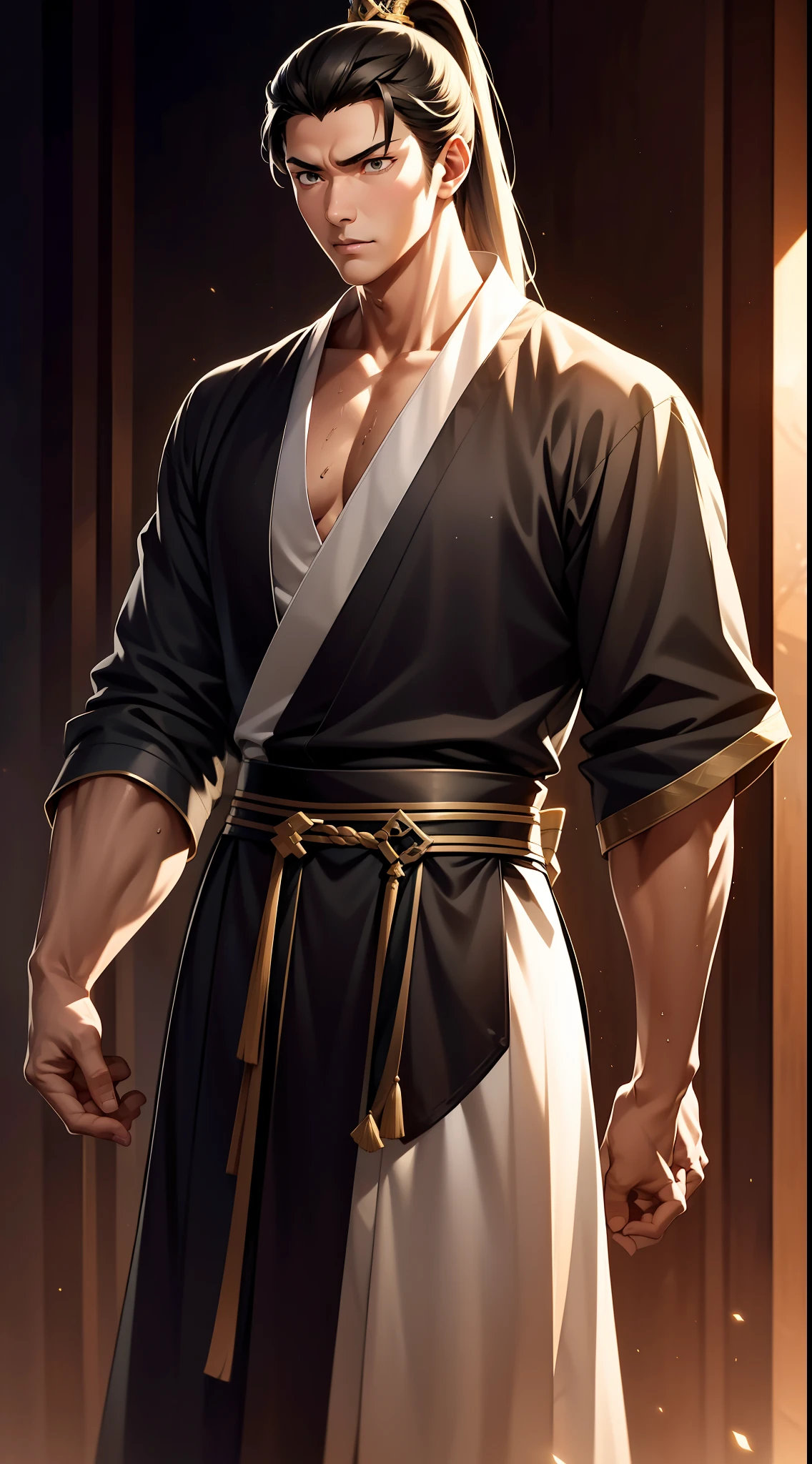 quadratic element,style of anime,mtu(Male Warrior),The proportions are correct,Face details,swordsmen,High ponytail hairstyle,Neck details,There is an Adam's apple,Black Hanfu,kaftan,black toga,clothes details,Handing over,longer sleeves,Game quality,Swordsmanship,Light and shadow tracking,Ray traching,detailed glow,cg render,hair detail,cabelos preto e longos,Black ㇏ eyes,Handsome,Handsome,(juvenile sense),Clothing is complicated,Perfectcomposition,Refinement,high qulity,higher details,Lots of details,The background is complex,a sense of atmosphere,
