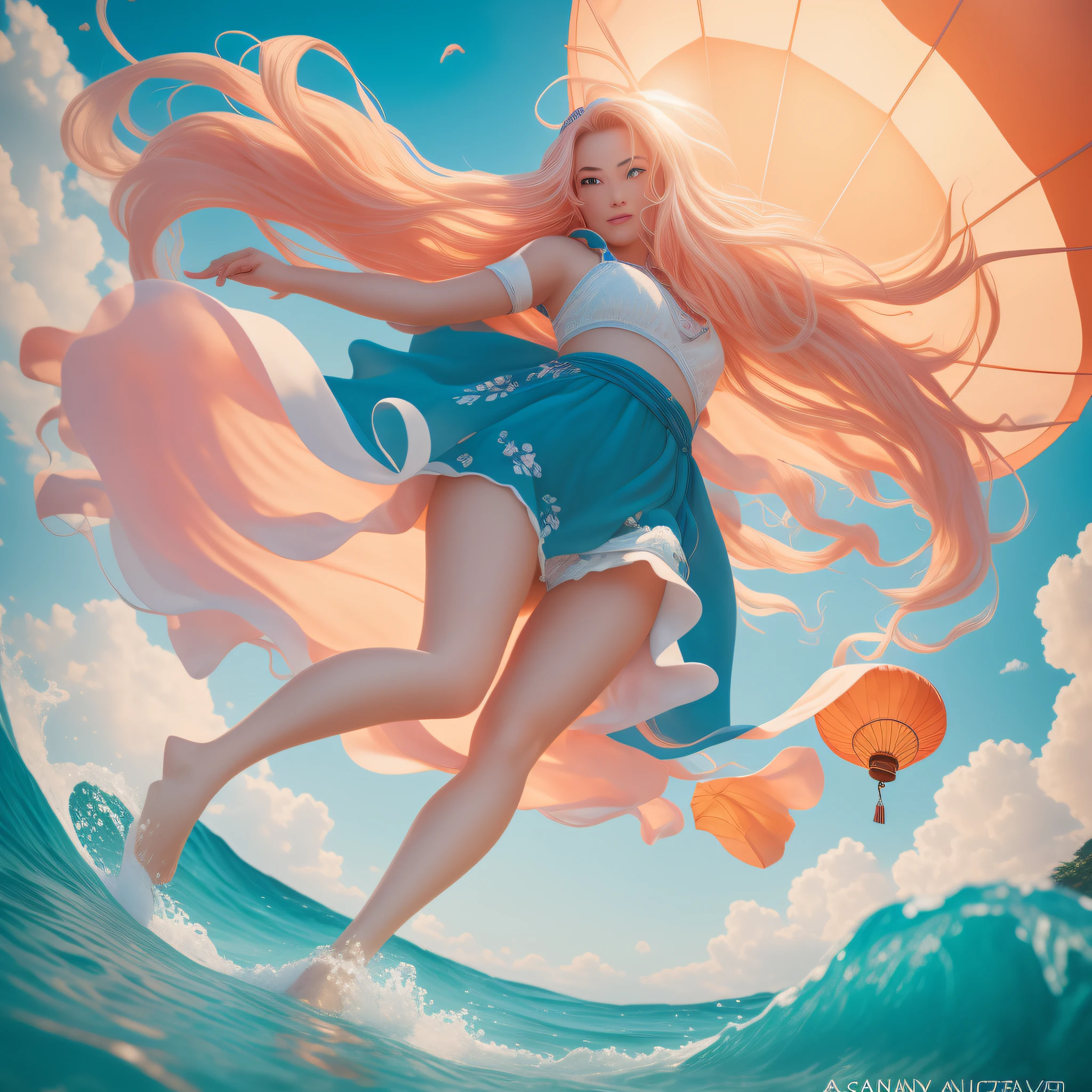 long shot of cute lady, looking at the camera viewed from below, with wavy long blonde hair, parachuting down holding a giant Chinese lantern floating down form a sunny summer day sky to watch the pink sunset, as she lightly touches down in the shallow clear blue foamy surf of an otherwise alien seashore, showing the sandy beach, and toes in the sand and surf, 28k resolution hyper-detailed, photorealistic Kurosawa.