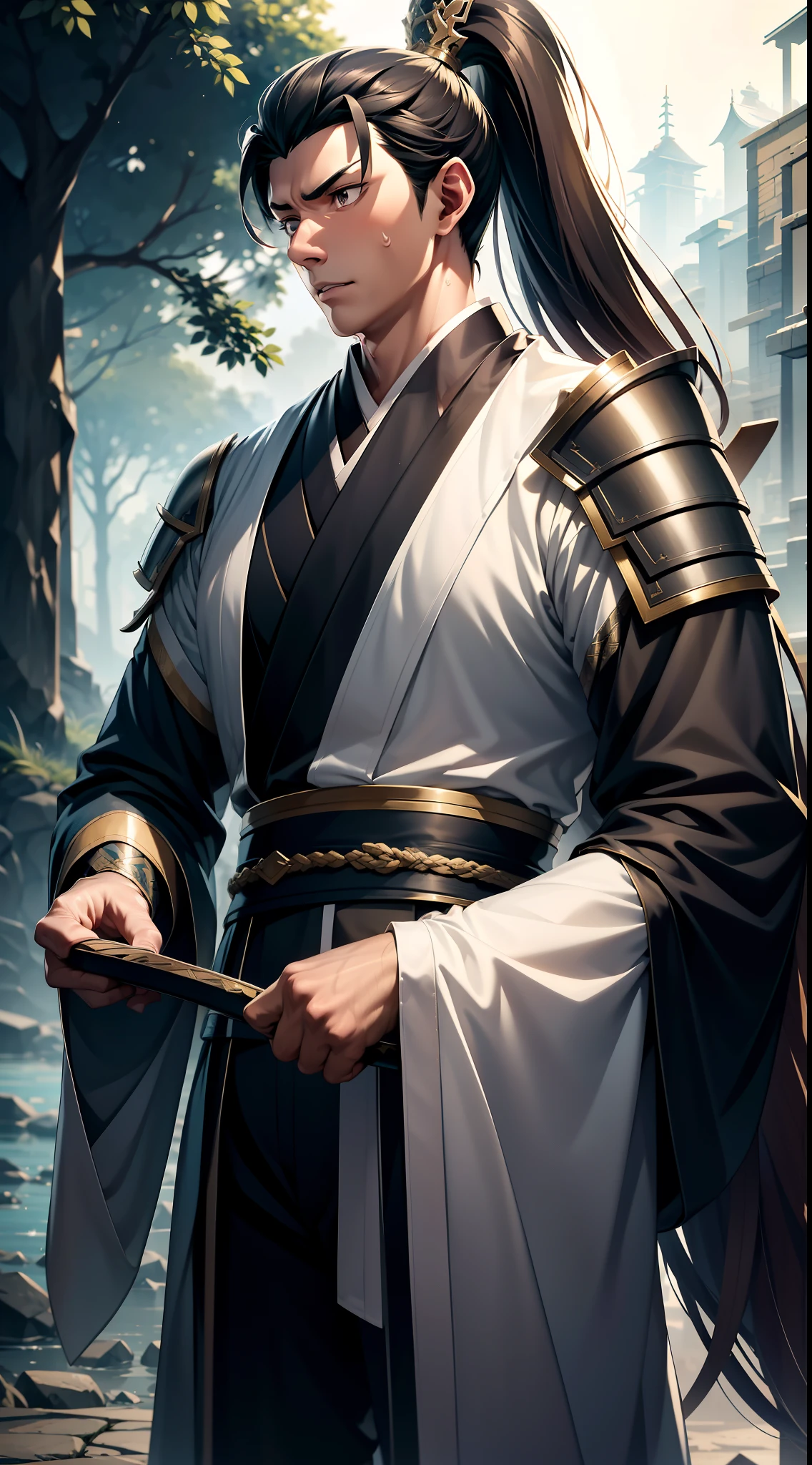 quadratic element,style of anime,mtu(Male Warrior),The proportions are correct,Face details,swordsmen,High ponytail hairstyle,Neck details,There is an Adam's apple,Black Hanfu,kaftan,black toga,clothes details,Handing over,longer sleeves,Game quality,Swordsmanship,Light and shadow tracking,Ray traching,detailed glow,cg render,hair detail,cabelos preto e longos,Black ㇏ eyes,Handsome,Handsome,(juvenile sense),Clothing is complicated,Perfectcomposition,Refinement,high qulity,higher details,Lots of details,The background is complex,a sense of atmosphere,