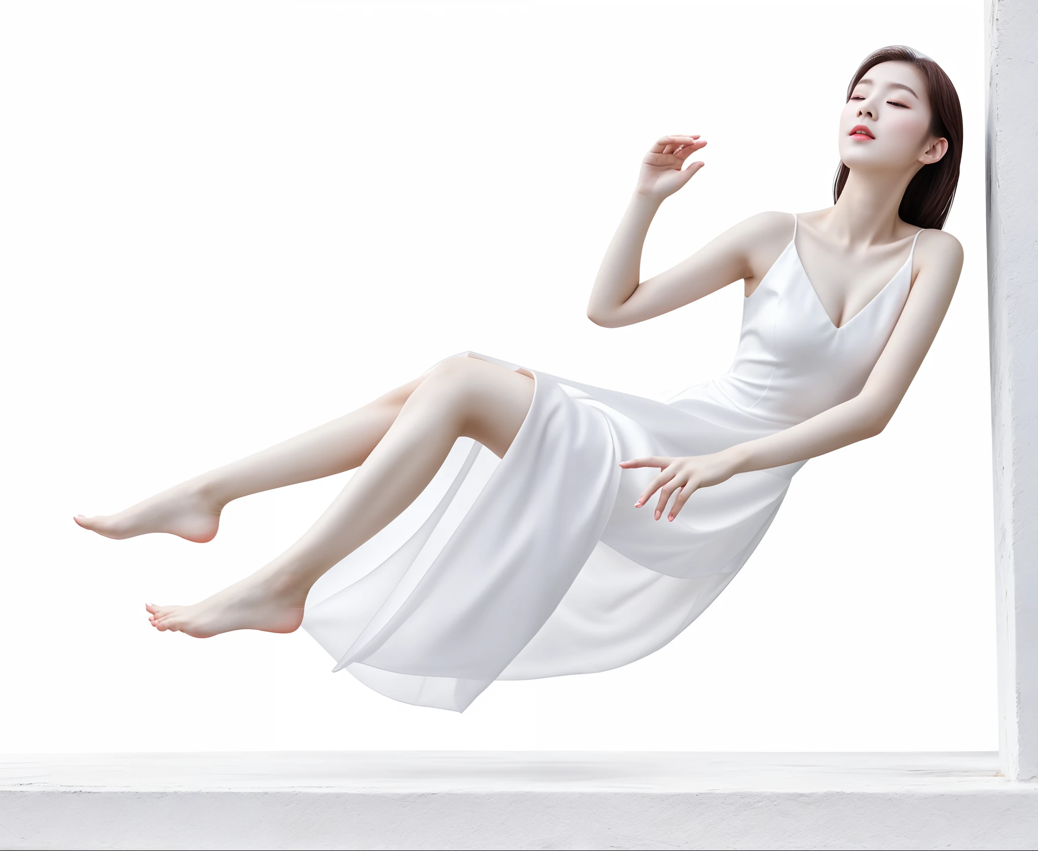 20 year old girl wearing white dress in the air, elegant floating pose, elegant sleek smooth body, she is floating in the air, jia, Milky white skin, white backgrounid, slick design, A satisfied expression
