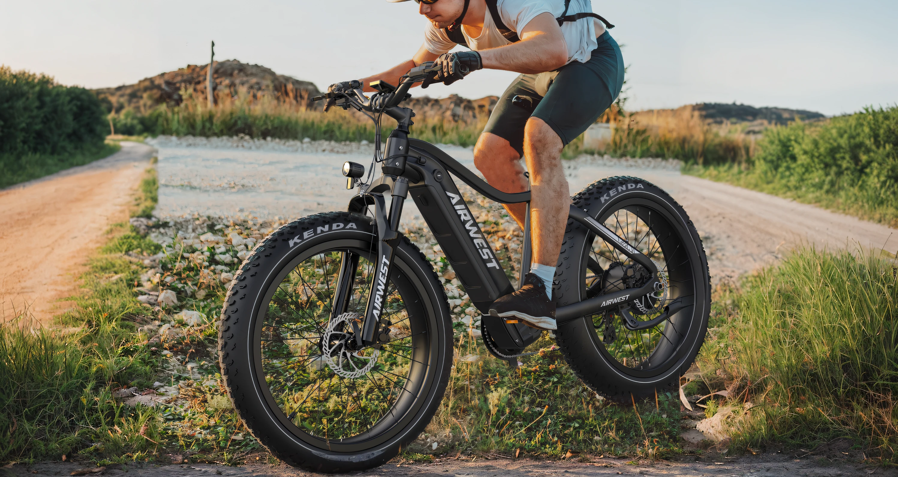 Arafeld man rides his bike on a dirt road in the countryside, picture of a male biker, without text, 🤬 🤮 💕 🎀, author：Bernard DeAndrea, Riding, Outdoors, detalhe poderoso, biker, author：Dietmar Dammelau, author：Konrad Wiitz, author：Adam Maczynski, Glossy surface, giant and fat