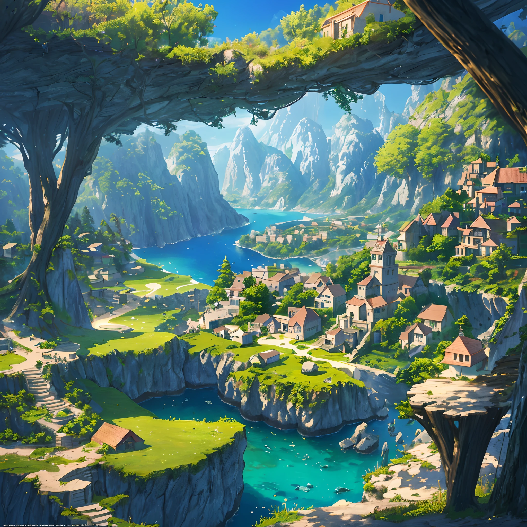 tmasterpiece， best qualtiy， （Very detailed CG unity 8k wallpaper） （best qualtiy）， （Most Best Illustration）， （best shadow） Nature'，village, Blue sea， Light tracking， ultra - detailed， glarelight，village,  cinematric light， Soft light ，Pure scenery，Amazing landscape photos --v6