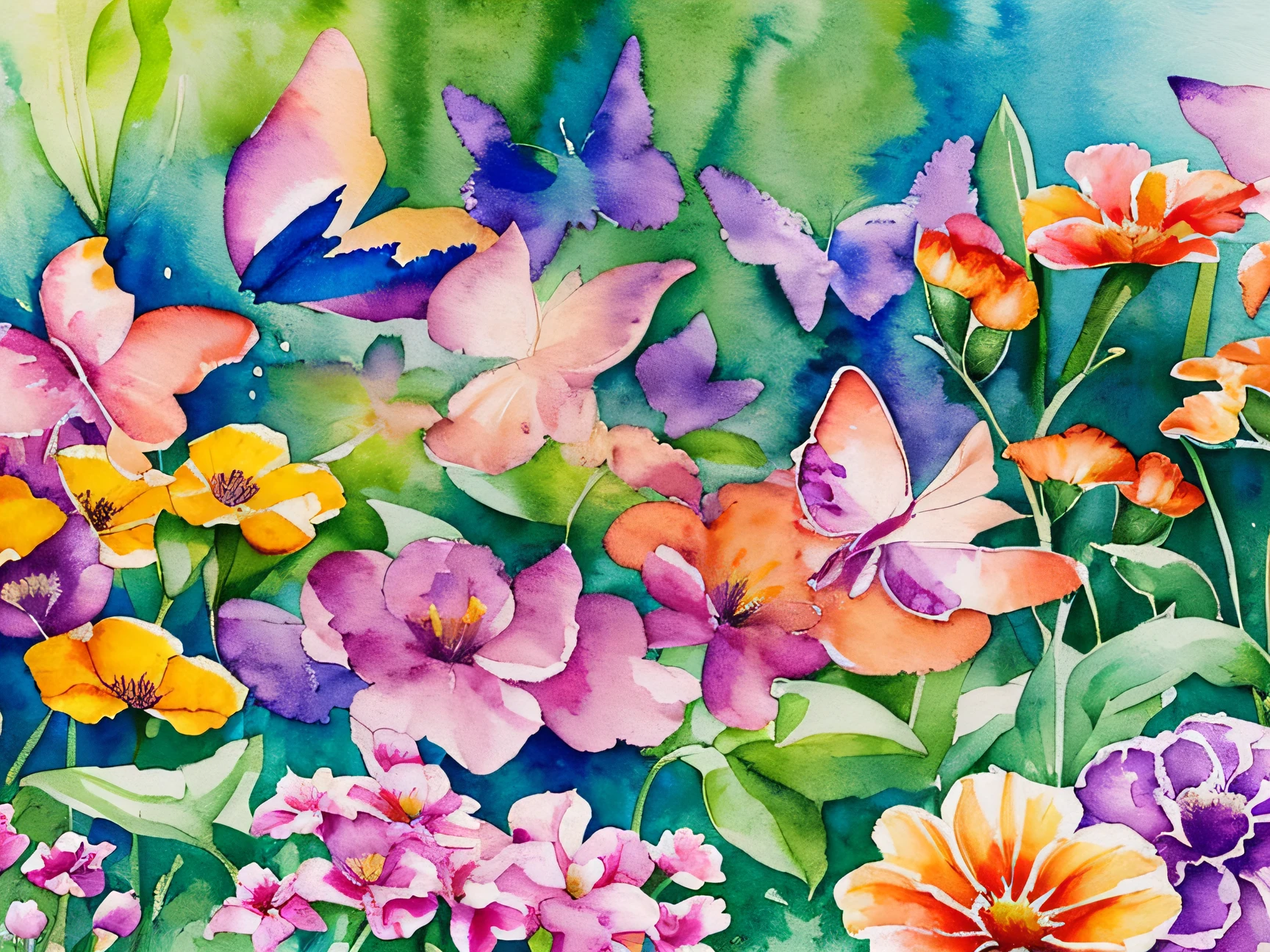 watercolour colourful with thin ink, a group of cute children from all races, playing in a fantastic garden of beautiful flowers and butterflaies, ultra detailed