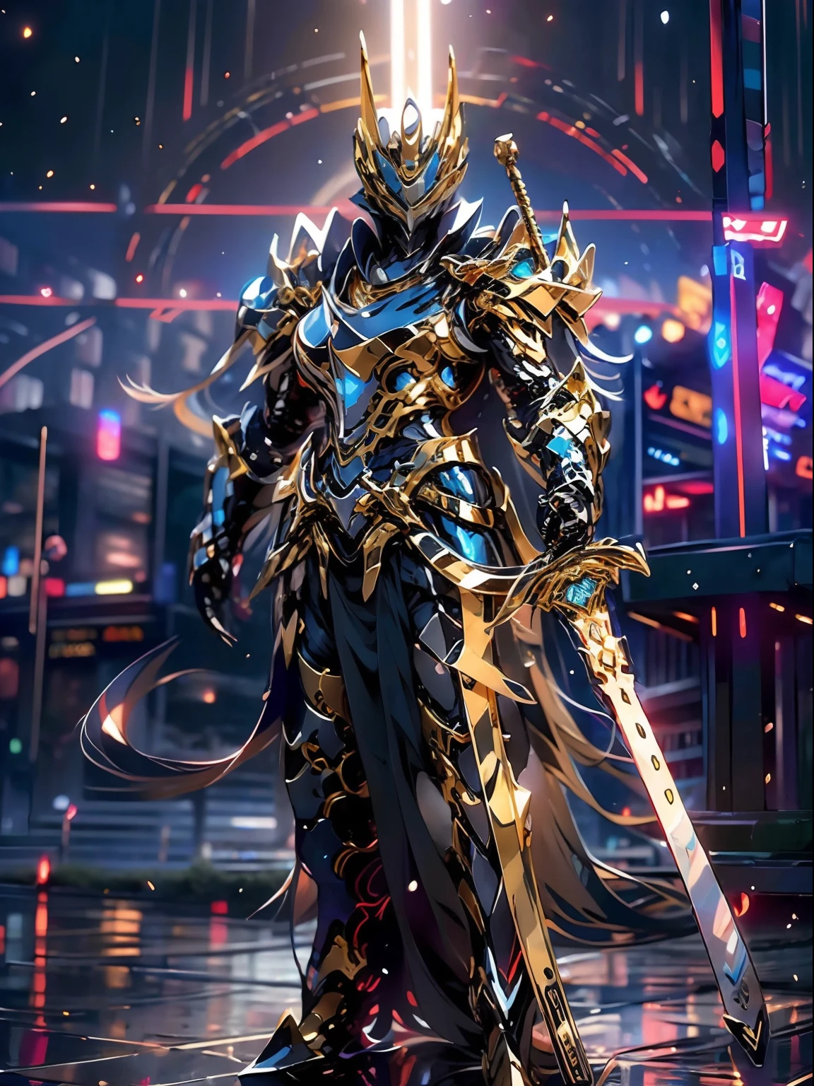 ultra wide shot, full body shot, (masterpiece, best quality), A paladin holding a light infused sword, light magic, divine, magewave, silver and gold, 4k, dark cityscape, Fujifilm, Beautiful detail background, Ultra detailed, Great composition, movie lights