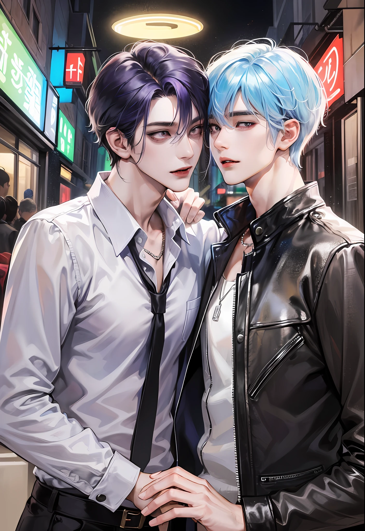 ​masterpiece, top-quality, 2Others, Male couple, 1 man and 1,, Adults, Height difference, different fashion, different color, finely eye and detailed face, intricate detailes, Casual clothing, Oversized shirt, Modern urban streets, A smile, Happiness, tenderness, queers, high-level image quality、 Two beautiful men、tall、The upper part of the body、nightfall、nighttime scene、𝓡𝓸𝓶𝓪𝓷𝓽𝓲𝓬、Korean Male, Idol Photos, k pop, Professional Photos, Vampires, Korean fashion in black and white, Fedoman with necklace, inspired by Sim Sa-jeong, androgynous vampire, :9 detailed face: 8, extra detailed face, detailed punk hair, ((eyes are brown)) baggy eyes, Seductive. Highly detailed, semi realistic anime, Vampires, hyperrealistic teen, delicate androgynous prince, imvu, short hair above the ears, Man with short hair, Purple-haired man with a glaring expression and a man with light blue hair with a gentle expression, With a short-haired man with bright purple hair, Man with light blue hair