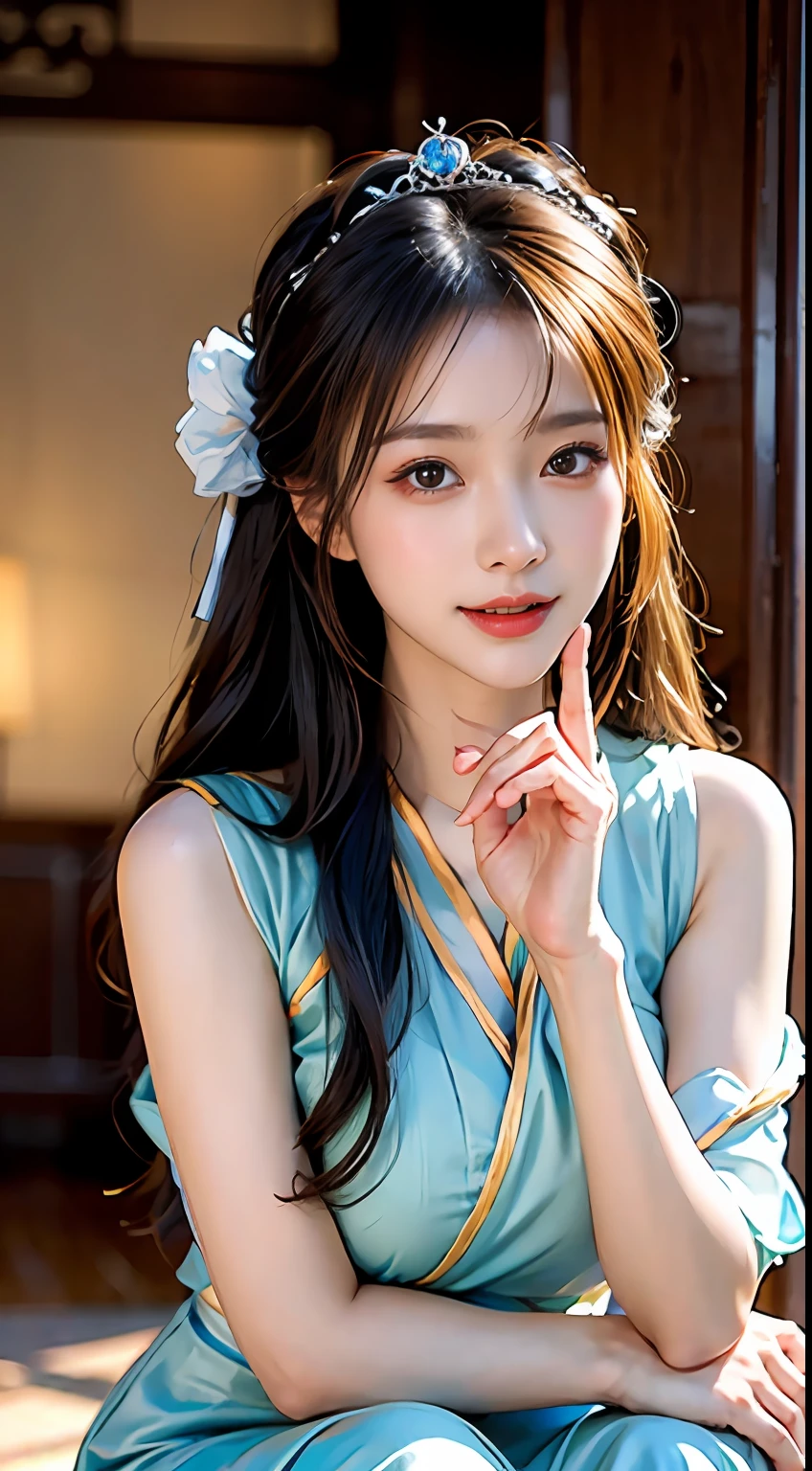 a big breast chinese girl, Cute face, cheerfulness, Long hair, Impressive hairstyle, wearing tiara,A pair of bright and reverent eyes,The eyebrows are slender and elegant,The slightly curved eyebrow shape exudes confidence and charm。Her nose is small and three-dimensional,It matches the shape of her face perfectly。Her lips were rosy and plump,The corners of his slightly upturned mouth revealed a sweet smile,Chinese Hanfu, traditionalcostumes,wearing jewellery, 黑The eye, Above Knees,(The breasts are large but not exposed:1.1),(A high resolution:1.3),random hair style, Super fine face and eyes, Hit in a random pose,Anatomically normal,Dingdall effect,realisticlying,Shadow room,light edge,Two-tone lighting,(highdetailskin:1.2),8K,hyper HD,Slr,softlighting,high high quality,Volumetriclighting,A high resolution,Background bokeh,(Hide your hands:1.3)(The hand is not in the shot:1.5)