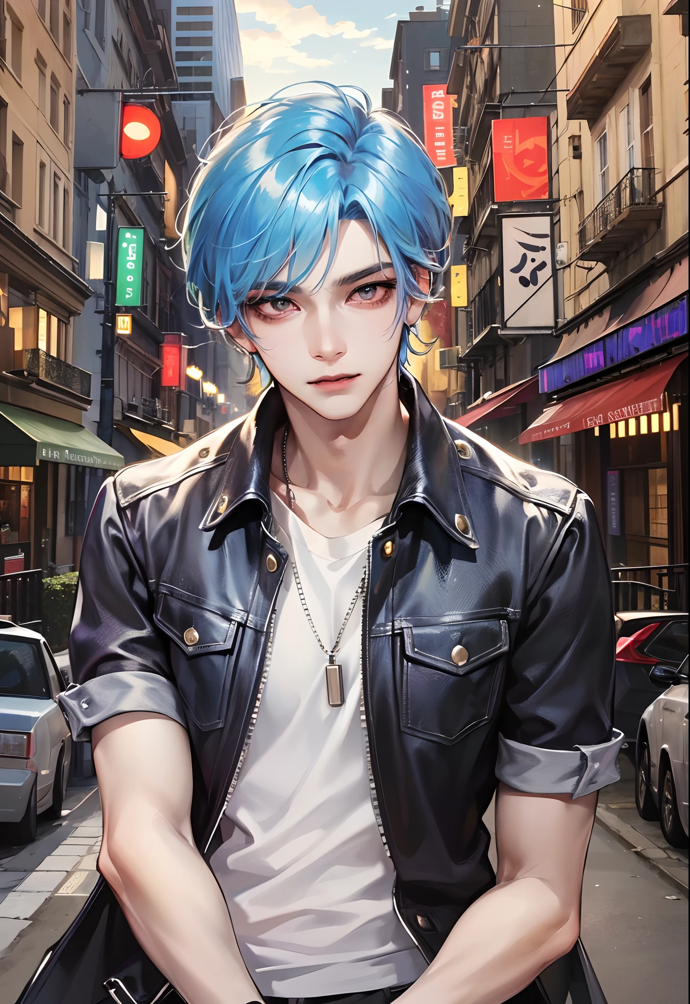 ID da tarefa.:48609505284165
Nordic man sitting inside a retro-style bar with undercut haircut and yellow leather jacket with red, cabelo, Portrait of a Bloody Hunter , Badass anime 8k