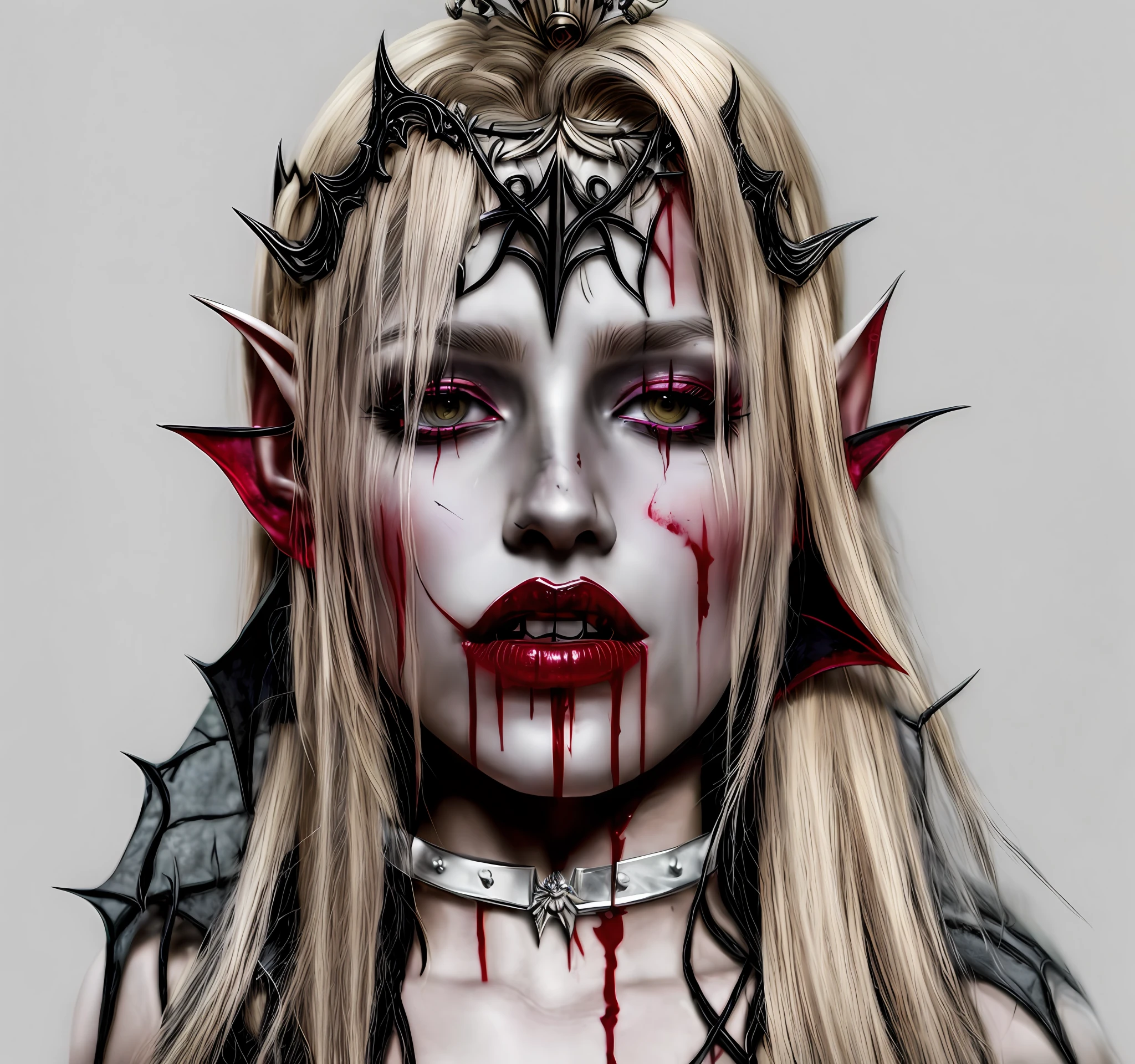 a woman with blood on her face and a knife in her mouth, vampire portrait, androgynous vampire, female vampire, vampire girl, lolth, of an elden ring elf, bloody + concept art, portrait of an elf queen, dark elf, dark elf princess, scary vampire, drow, sad vampire, horror concept art
