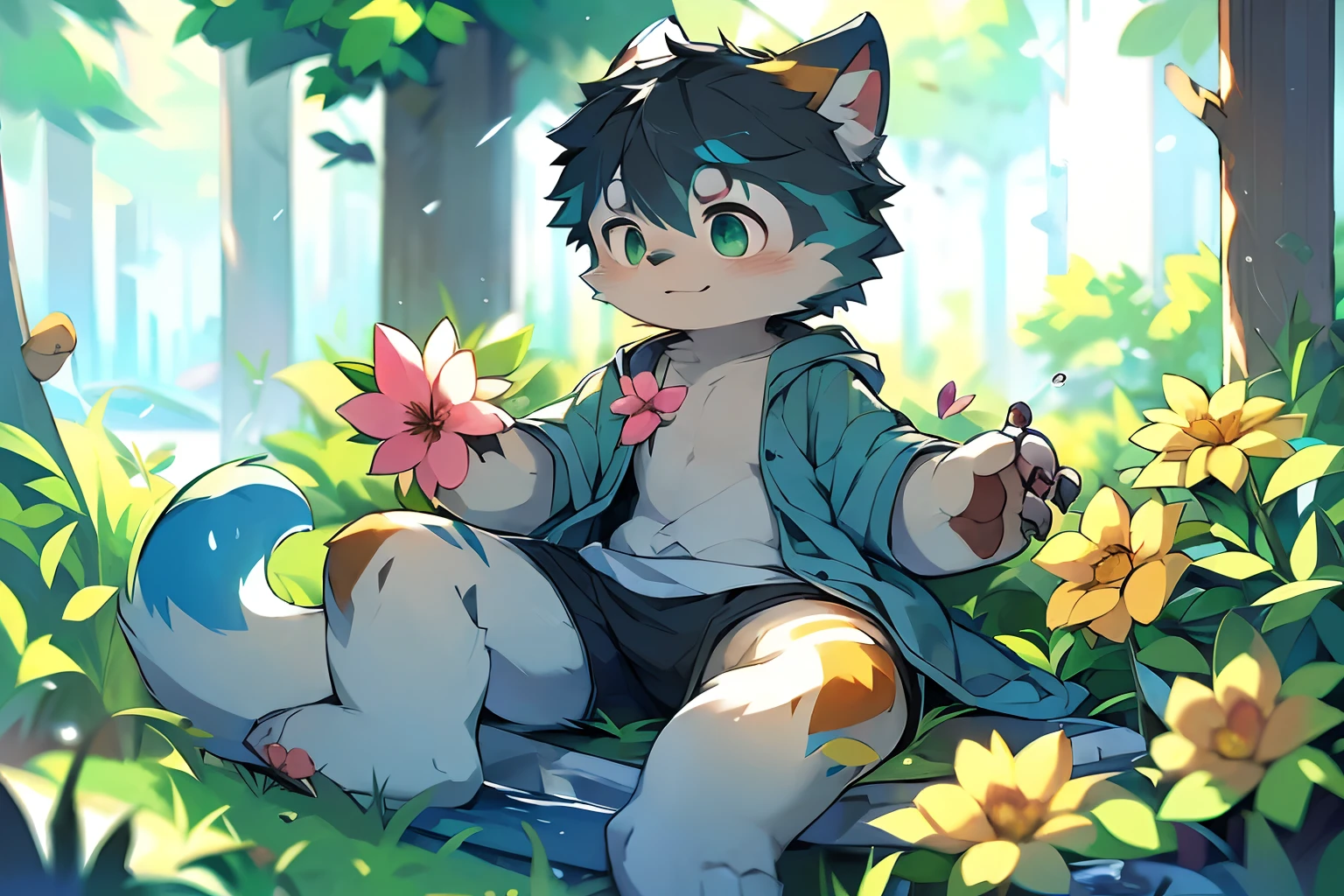 (masterpiece:1.2),(anatomically correct:1.1), high quality:1.3, (((solo male anthropomorphic))) kemono furry_transformation wolf fursona,1 wolf boy,silver fur, grass grey eyes, (yellow nose),white hands paws, white feet, canine hands, (detail canine feet:1.2),4 toes, black beans, detail beans,, ((1boy)),[digital painting \(artwork\)::0.8],boy, (solo:1.3), 4 toes, canine feet, reflection, countershading, (motion lines:1.1),shorts,baby pink hair, short hair,nsfw,kemono,shota,solo,cum out,single fluffy tail