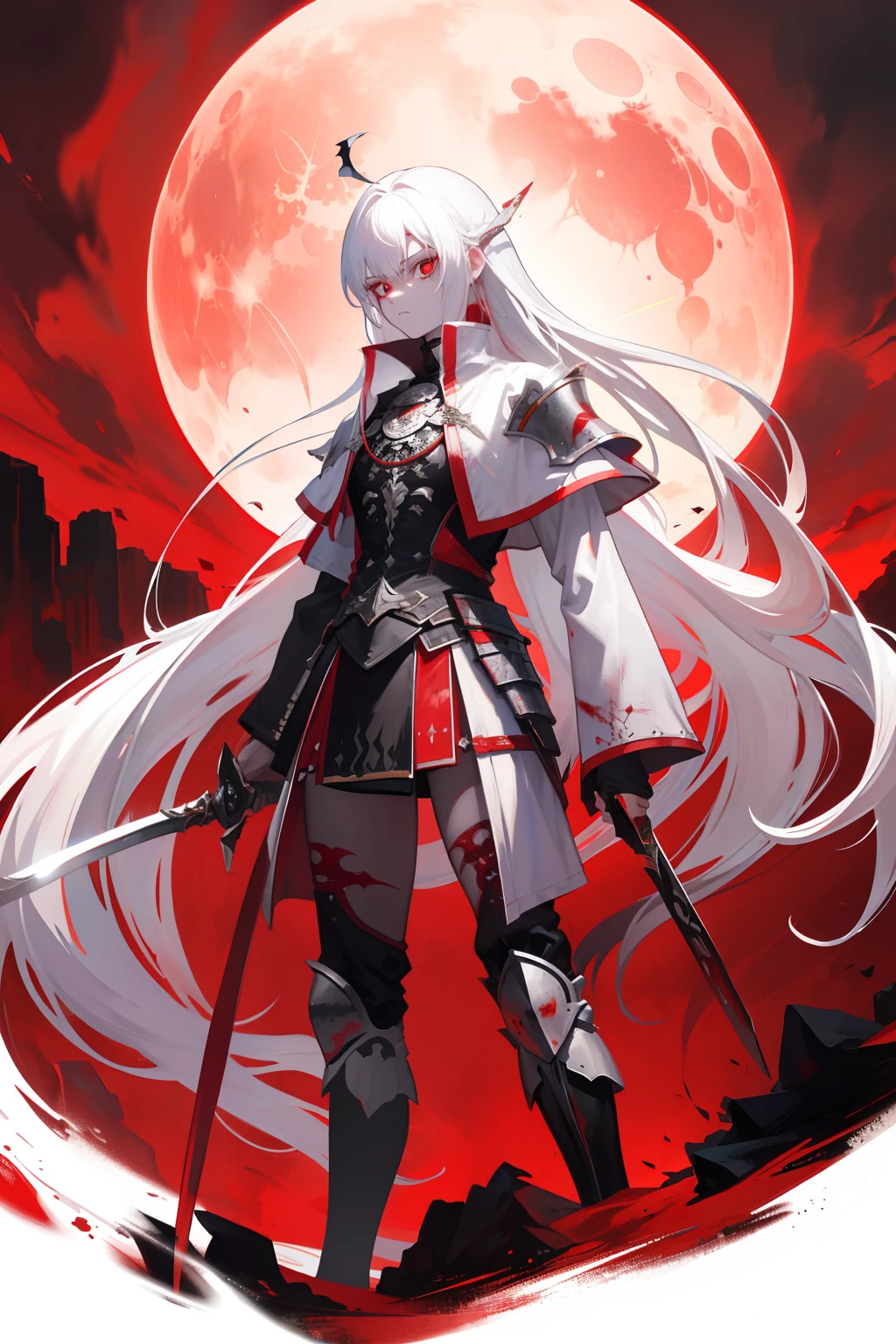 Blood Moon,long white hair,Male warriors,Long sword in hand, long eyelasher, The expression is cold,surrealism, anaglyph, stereograms, Atmospheric perspective, Action painting, in a panoramic view, 8K, Super detail, ccurate, Best quality, hyper HD, Textured skin, high qulity