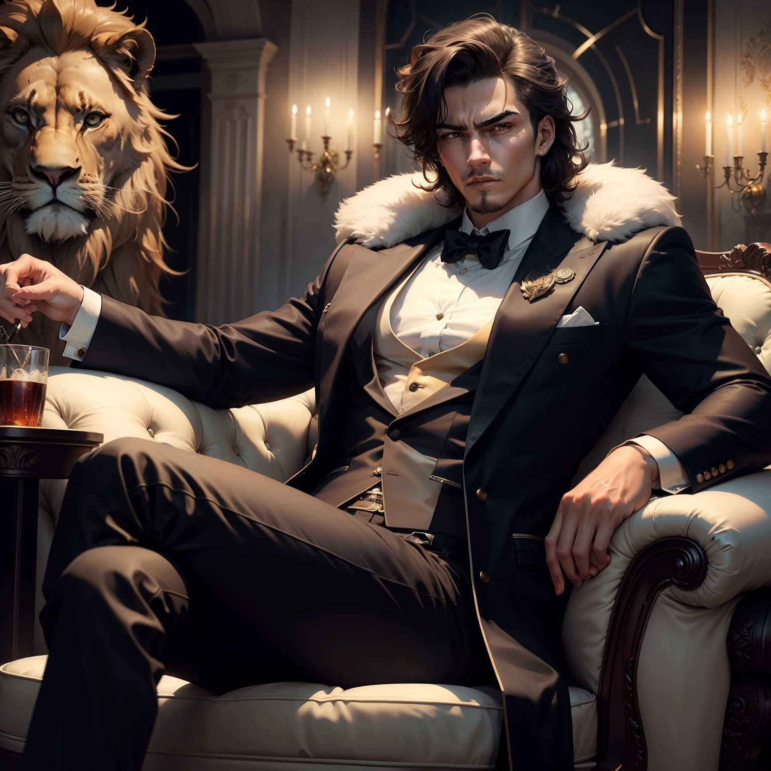 Teen age rich man, classical look, gangster style, money, cigar , sitting with style, handsome man, furious lion in background