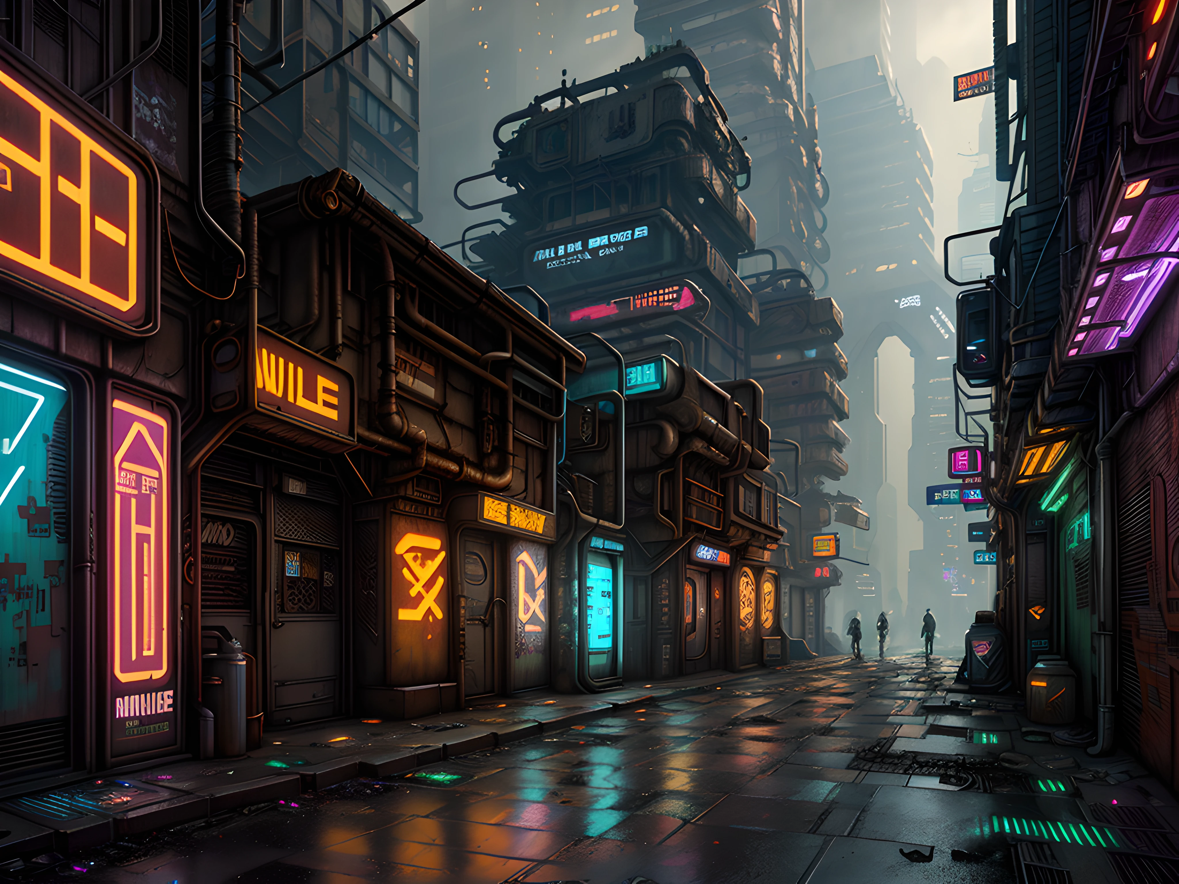 an aged, narrow alleyway in a futuristic city, framed by towering skyscrapers adorned with holographic advertisements; the alleyway is dimly lit, with rusted pipes and cracked pavement, contrasting the high-tech surroundings (Beeple-inspired:1.2) (grunge:1.1) (retro-futurism:1.1) (contrasts:1.2) (gritty ambiance) (vintage tones) (urban decay) (digital graffiti) (cyber-relics)