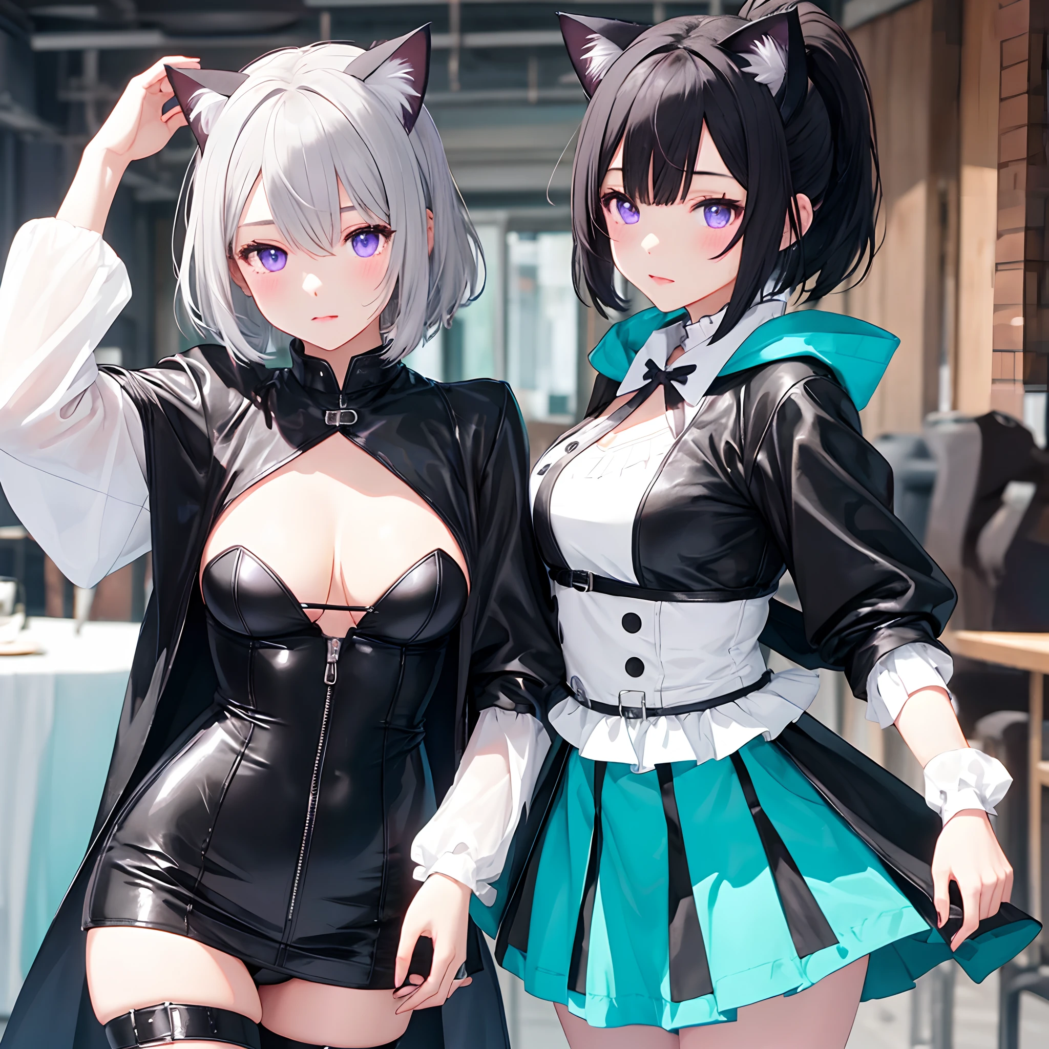 young girl, Short gray hair, Cat ears, High ponytail, Violet eyes, Black leather tight-fitting top, White puffy sleeves, Black skirt, pantyhouse, Turquoise cloak, Open breasts, Masterpiece, hiquality