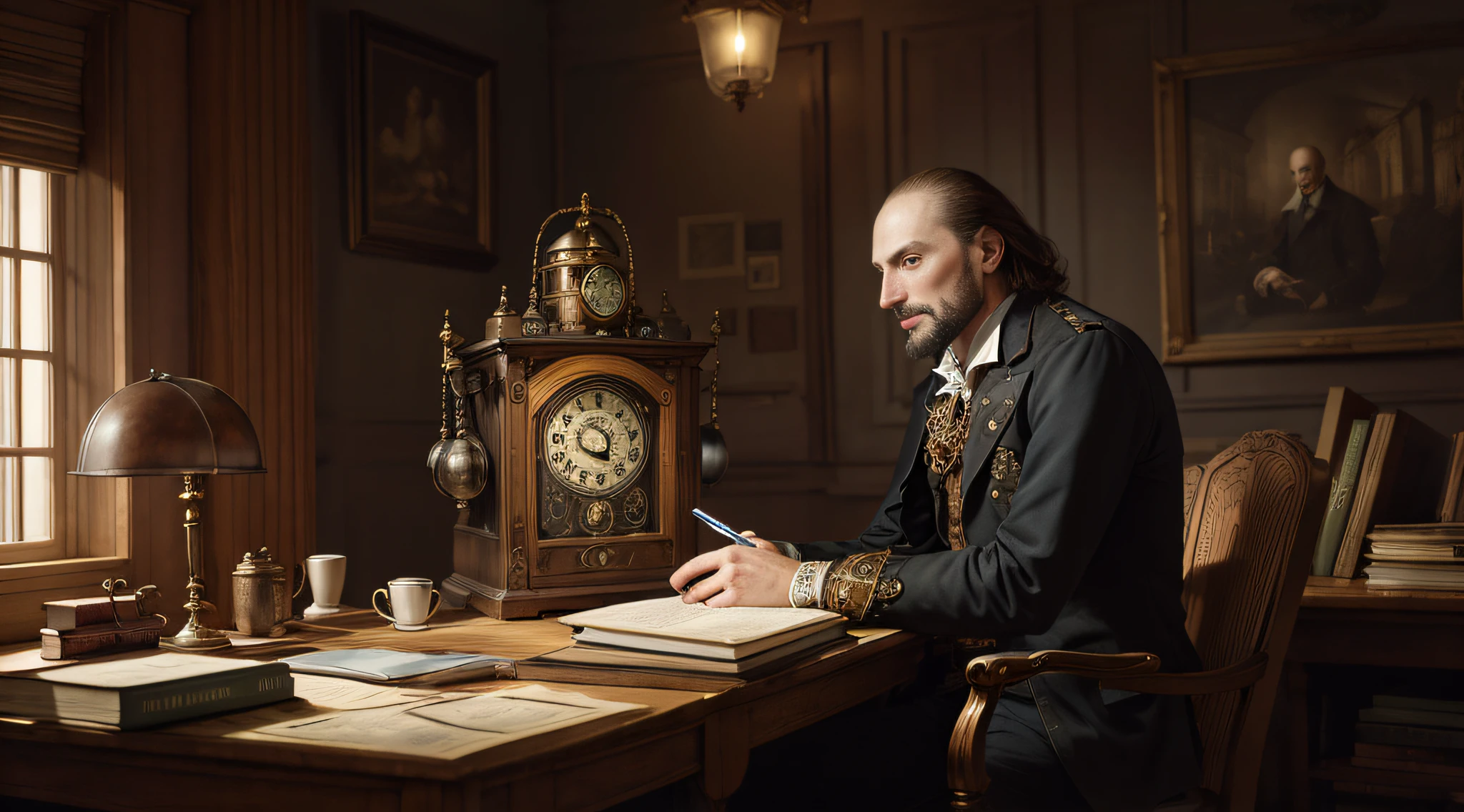steampunk study, William Shakespeare working inside a time machine