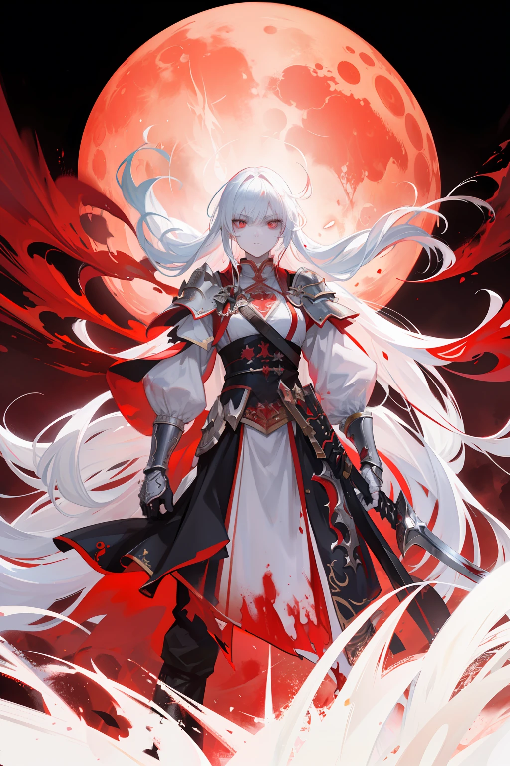 Blood Moon,long  white hair，Male warriors，Long sword in hand，The expression is cold，surrealism, anaglyph, stereograms, Atmospheric perspective, Action painting, in a panoramic view, 8K, Super detail, Best quality, hyper HD, Textured skin, high qulity