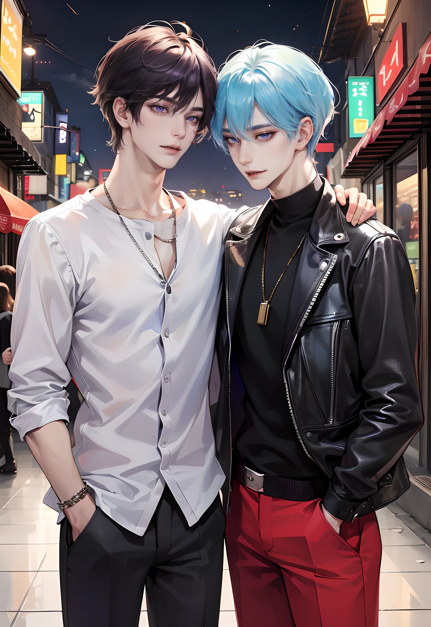 masterpiece, top-quality, 2Others, Male couple, 1 man and 1,, Adults, Height difference, different fashion, different color, finely eye and detailed face, intricate detailes, Black Butler Fashion, Modern urban streets, A smile, Happiness, tenderness, queers, Boys Love, high-level image quality、 Two beautiful men、tall、The upper part of the body、nightfall、nighttime scene、𝓡𝓸𝓶𝓪𝓷𝓽𝓲𝓬、Korean Male, k pop, Professional Photos, Vampires, Fedoman with necklace, inspired by Sim Sa-jeong, androgynous vampire, :9 detailed face: 8, extra detailed face, detailed punk hair, ((eyes are brown)) baggy eyes, Seductive. Highly detailed, semi realistic anime, Vampire deacon, hyperrealistic , delicate androgynous prince, imvu, short hair above the ears, Man with short hair, With a purple-haired man with a wild expression, Man with light blue hair with gentle expression, With a short-haired man with bright purple hair, Man with light blue hair, Take a selfie for two