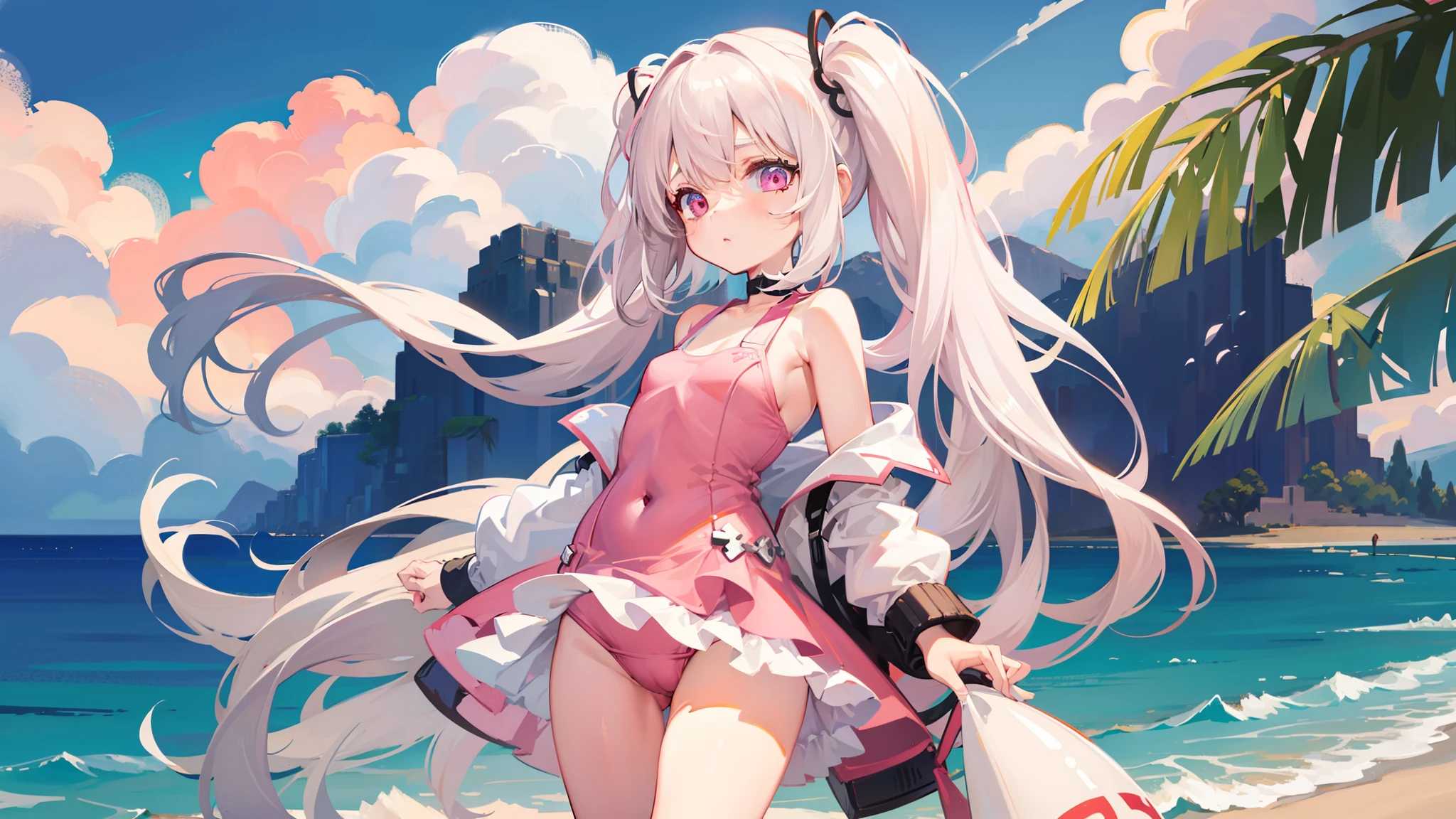 A cute white-haired ,Wearing a pink swimsuit,stand on sand,Red face shy