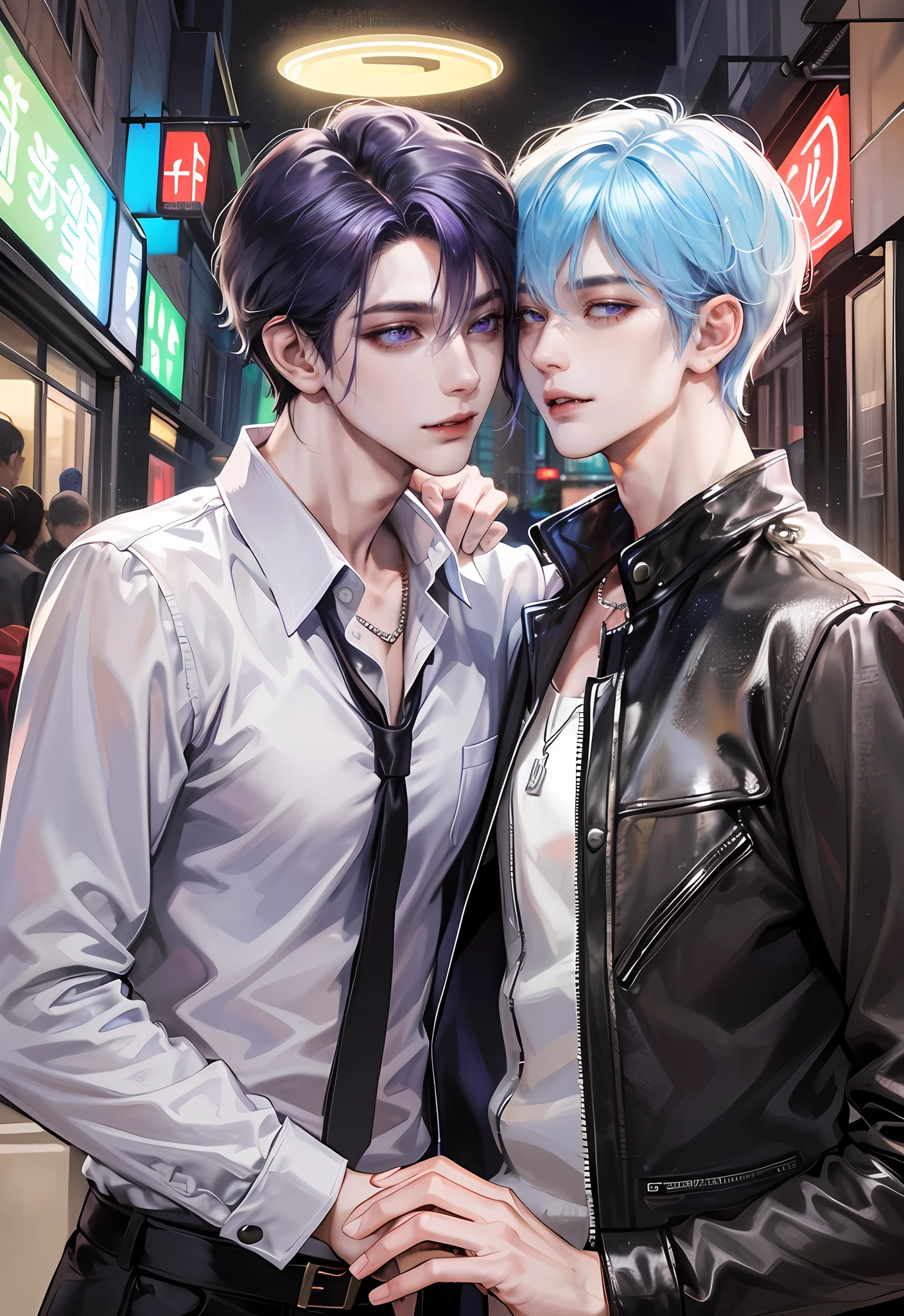 masterpiece, top-quality, 2Others, Male couple, 1 man and 1,, Adults, Height difference, different fashion, different color, finely eye and detailed face, intricate detailes, Casual clothing, Oversized shirt, Modern urban streets, A smile, Happiness, tenderness, queers, high-level image quality、 Two beautiful men、tall、The upper part of the body、nightfall、nighttime scene、𝓡𝓸𝓶𝓪𝓷𝓽𝓲𝓬、Korean Male, Idol Photos, k pop, Professional Photos, Vampires, Korean fashion in black and white, Fedoman with necklace, inspired by Sim Sa-jeong, androgynous vampire, :9 detailed face: 8, extra detailed face, detailed punk hair, ((eyes are brown)) baggy eyes, Seductive. Highly detailed, semi realistic anime, Vampires, hyperrealistic , delicate androgynous prince, imvu, short hair above the ears, Man with short hair, Purple-haired man with a glaring expression and a man with light blue hair with a gentle expression, With a short-haired man with bright purple hair, Man with light blue hair