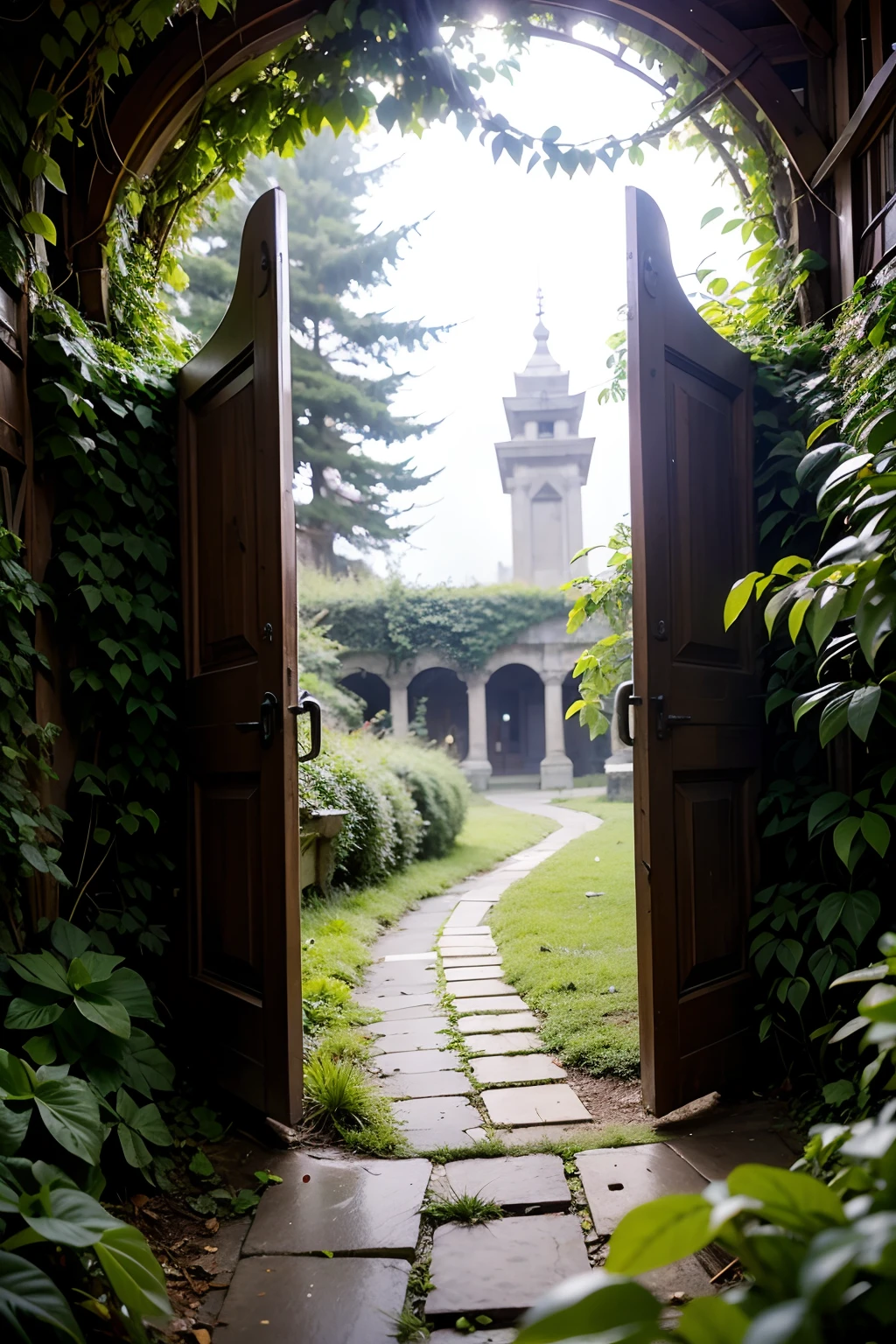 The door of a mysterious temple awaits at the end of a winding path, The front of the door is decorated with overgrown vines and a path,after rainny,There was a little fog in the air,
Stone road, Blurry, fantasy, Epic,16k,super-fine,Works of masters