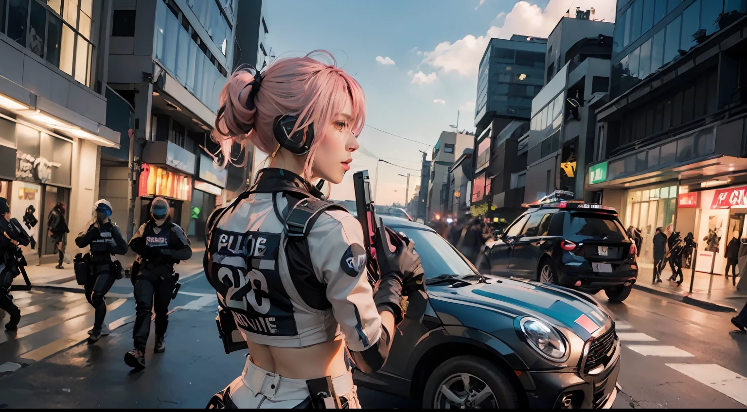 Top Quality, Ultra High Definition, (backlight), (Photorealistic: 1.4), (group shot, from behind),5 Beautiful Girls Platoon Patrolling, (Pink updo Hair: 1.3), Perfect Anatomy, Professional Lighting, ((Platoon Patrolling, Vigilance)), ((wearing Futuristic Police Racing Suits, mini body-conscious skirt, police wappen, High-tech Headset, military harness, racing gloves, carry machinegun on back)), ("POLICE", Cloths based on silver pink black white), (background, destroyed city)
