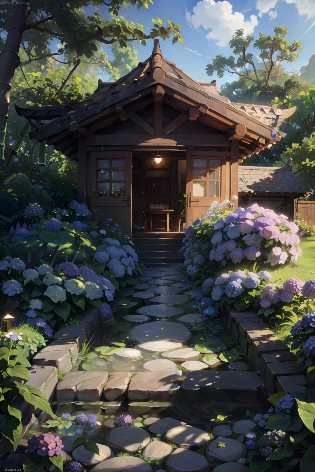 Quiet and peaceful, Surrounded by greenery, Small house full of flowers, Small garden, Bamboo fence around the cottage, Gravel passage, Hydrangeas are in full bloom, Small lawn tiles, Small roof, Light rhythm, Plunge pool, Fresh air, Small garden corner knick-knacks, HD close-up, Rich detail in 4K
