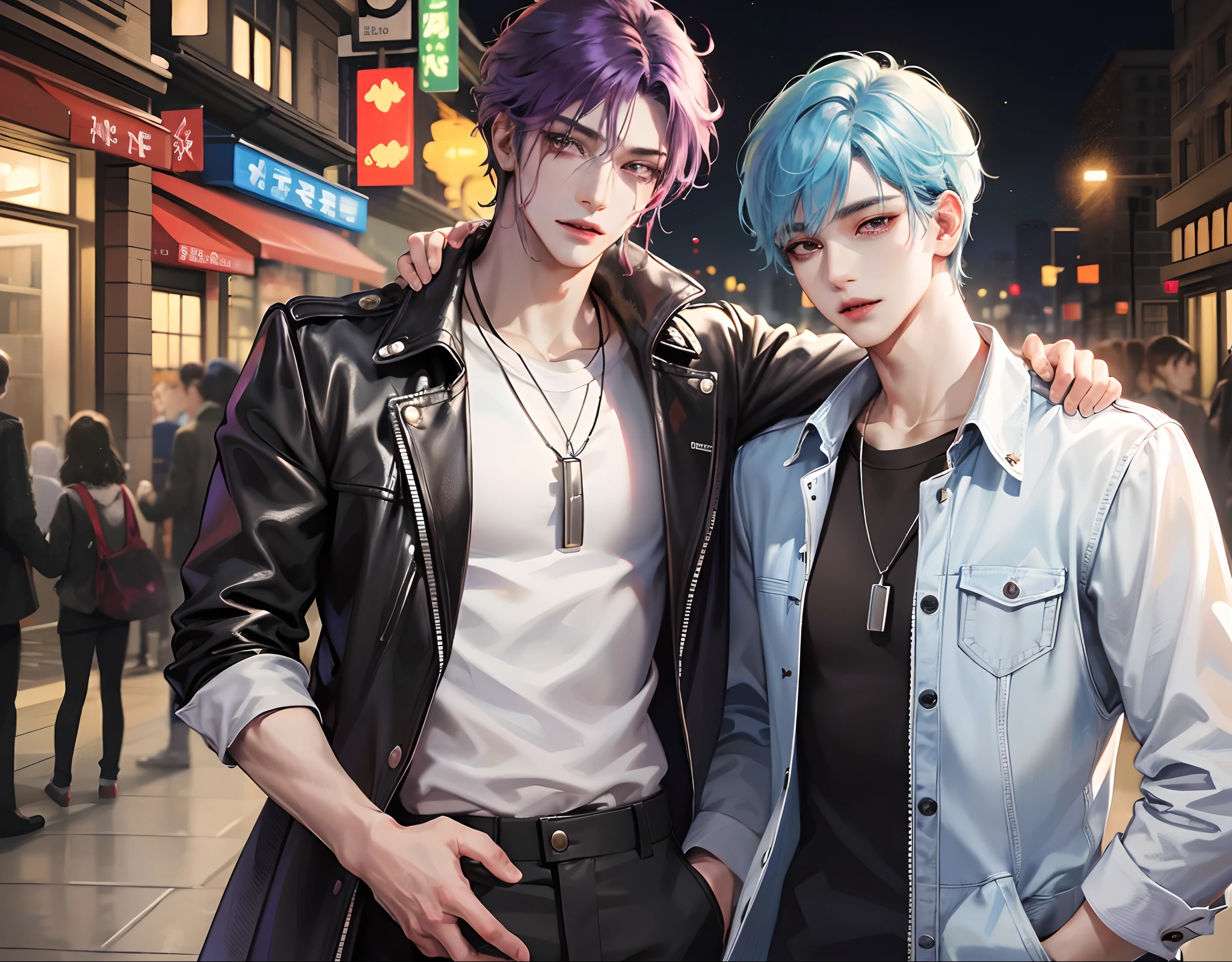 masterpiece, top-quality, 2Others, Male couple, 1 man and 1,, Adults, Height difference, different fashion, different color, finely eye and detailed face, intricate detailes, Casual clothing, Oversized shirt, Modern urban streets, A smile, Happiness, tenderness, queers, high-level image quality、 Two beautiful men、tall、The upper part of the body、nightfall、nighttime scene、𝓡𝓸𝓶𝓪𝓷𝓽𝓲𝓬、Korean Male, Idol Photos, k pop, Professional Photos, Vampires, Korean fashion in black and white, Fedoman with necklace, inspired by Sim Sa-jeong, androgynous vampire, :9 detailed face: 8, extra detailed face, detailed punk hair, ((eyes are brown)) baggy eyes, Seductive. Highly detailed, semi realistic anime, Vampires, hyperrealistic , delicate androgynous prince, imvu, short hair above the ears, Man with short hair, Purple-haired man with a glaring expression and a man with light blue hair with a gentle expression, With a short-haired man with bright purple hair, Man with light blue hair