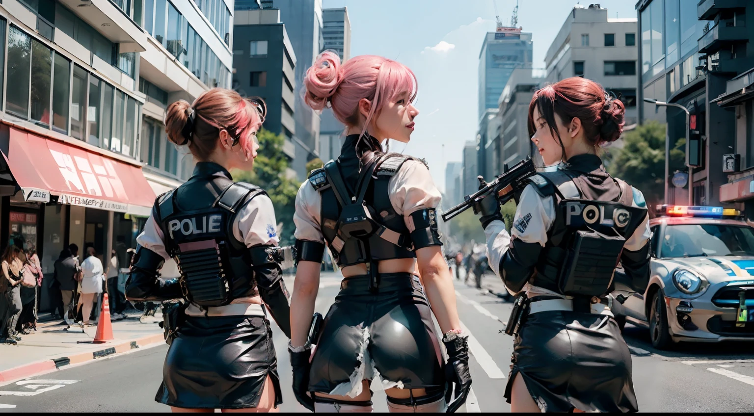 Top Quality, Ultra High Definition, (backlight), (Photorealistic: 1.4), (group shot, from behind),5 Beautiful Girls Platoon Patrolling, (Pink updo Hair: 1.3), Perfect Anatomy, Professional Lighting, ((Platoon Patrolling, Vigilance)), ((wearing Futuristic Police Racing Suits, mini body-conscious skirt, police wappen, High-tech Headset, military harness, racing gloves, carry machinegun on back)), ("POLICE", Cloths based on silver pink black white), (background, destroyed city)