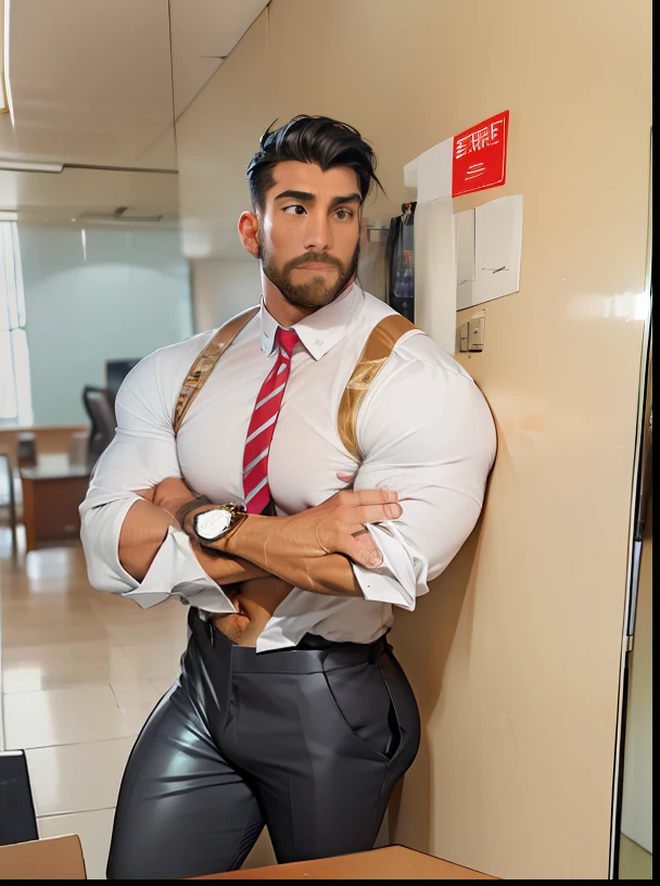 Men only, sexy, sensual, office building of a major company, looking to the left side, in a glass-walled office, presentation, , lowering an employee card from the neck, employee ID card on the chest, office worker, businessman, glasses with black under-rim, business suit, tight and tight business jacket, Tight and skinny business slacks, tight and tight sheer white long-sleeved shirt, tearing shirt chest, tight and tight suit vest, striped tie, suspenders, business shoes, luxury watches, gentlemen's socks, mega muscle, hyper muscle, masculine appearance, 35 years old, mature man, tight-sticking clothes and pants, sheer clothes, beautiful black eyes, handsome, fully dressed, beautiful muscles, complex and elegant, highly detailed digital painting, anime style art, art station, concept art, highest quality, masterpiece, ultra high definition, detailed background, realistic figure, muscular man, beard, muscle, volumetric lighting, depth of field, smooth and sharp focus, illustration, art, trimmed hair, black hair, muscle, navel, muscle, male, gay, hyper muscle, male focus, muscle male, yaoi, muscle, big buttocks, pectoral muscles, large pectoral muscles, thick quadriceps, wide shoulder width, large latissimus dorsi, large biceps, thighs, wet body, heat and steam emanating from the body, sweating, drenched, crotch, big back, turn around, show back, show ass, upper class, shiny oiled skin, glittering oiled skin, tanned skin, hot gaze, looking viewer, bubble butt, style, muscular anime guy, gigachad muscles, muscle!, high resolution commission, beef cake pose, muscular!, super buff and cool, muscular!, Fluffy breasts, muscular!, highest rating on pixiv, super low angle, super buff and cool, SFW version,