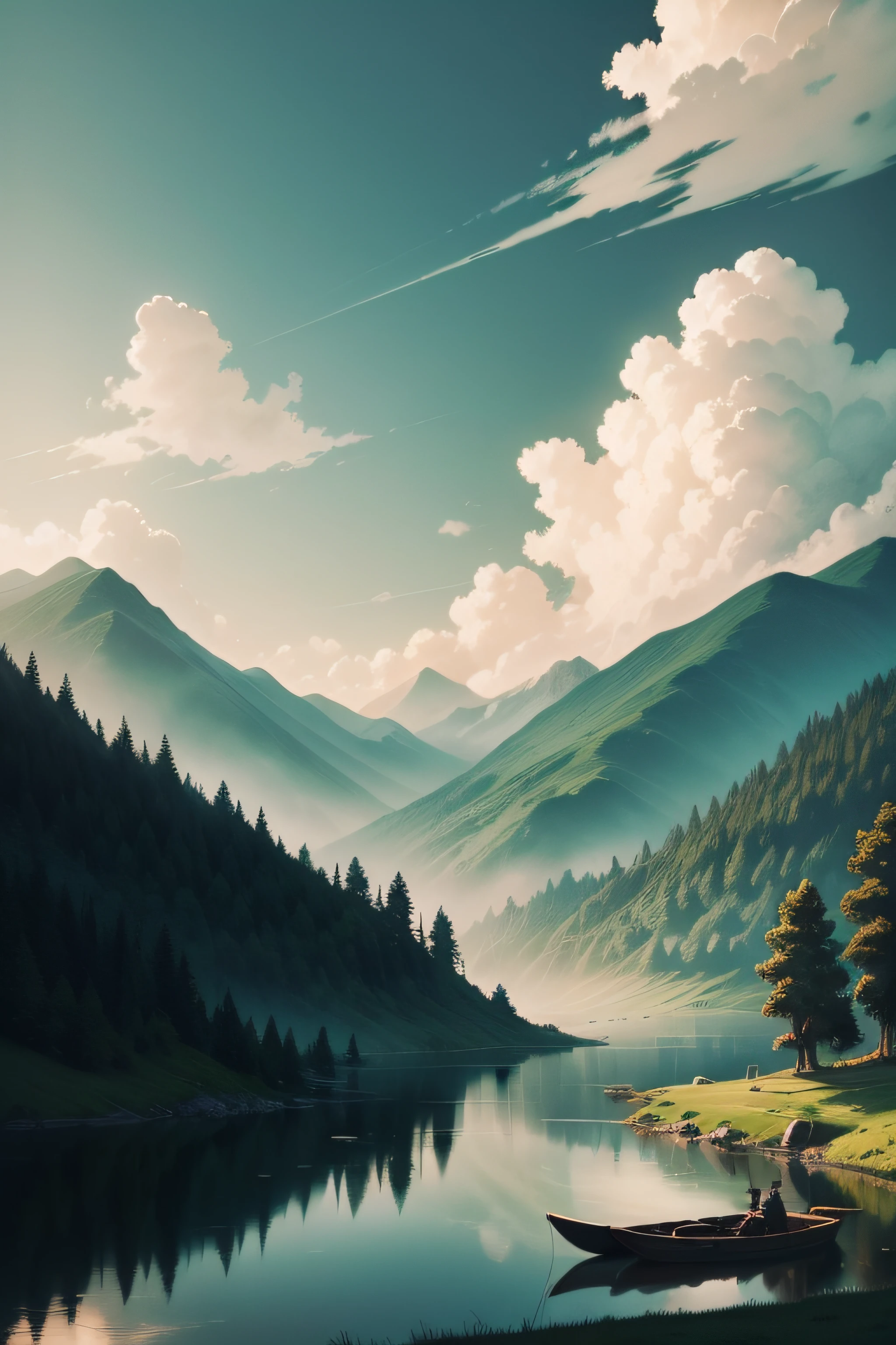 water ink,landscape painting,Crane,Auspicious clouds,green mountains,small boats,the woods,sunraise