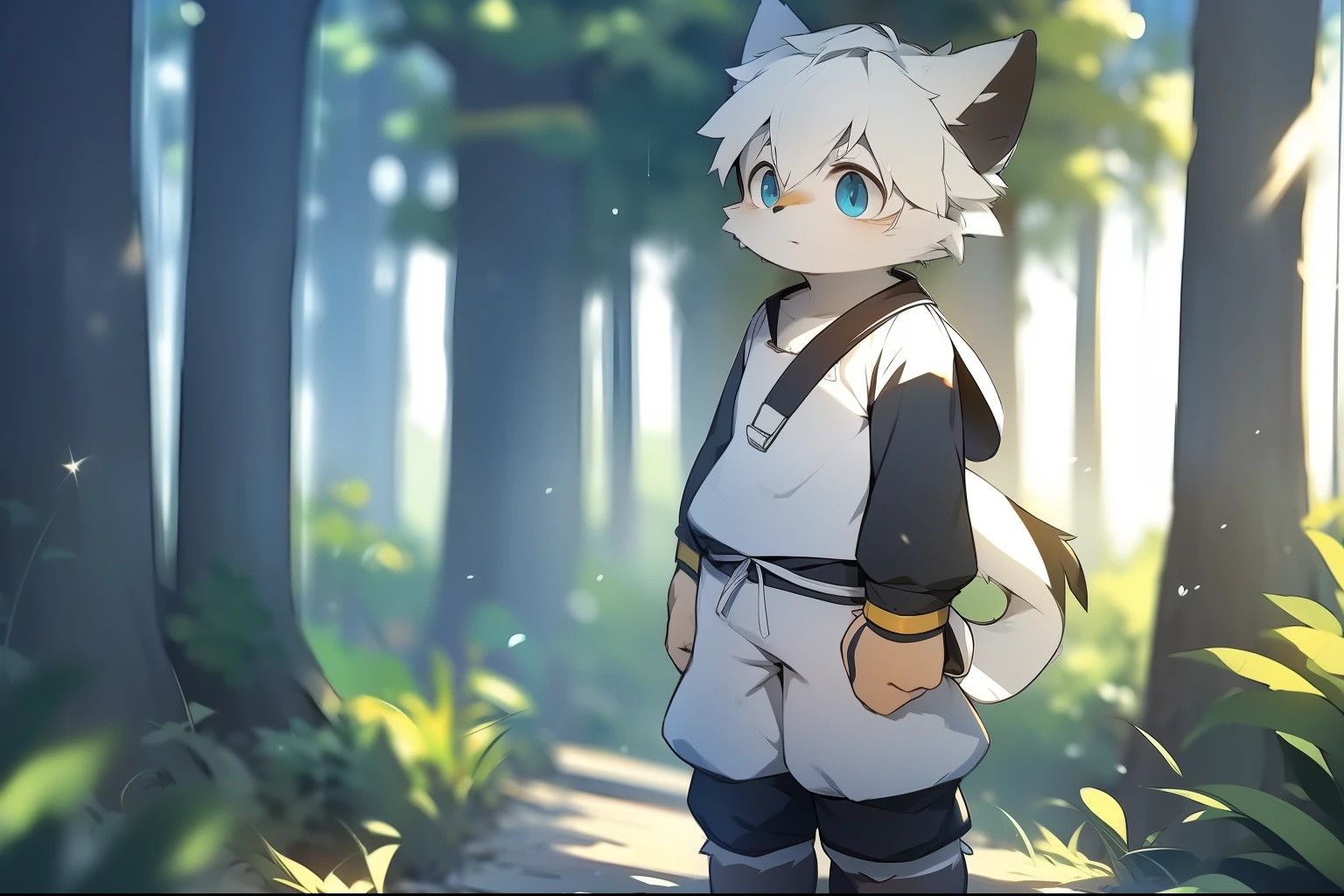 author：Jrjresq, author：Kirito, Libido boy, furry wolf, Shota, Black and white hair, Very good figure, Handsome, adolable, Light：Hazy light and shadow, Reflective skin, Reddish skin, worn-out clothing，Commoner, beachside，standing on the rock，sandbeach，solo person，独奏，1doy, Outdoor sunset, the detail, depth of fields, Libido boy，Shota