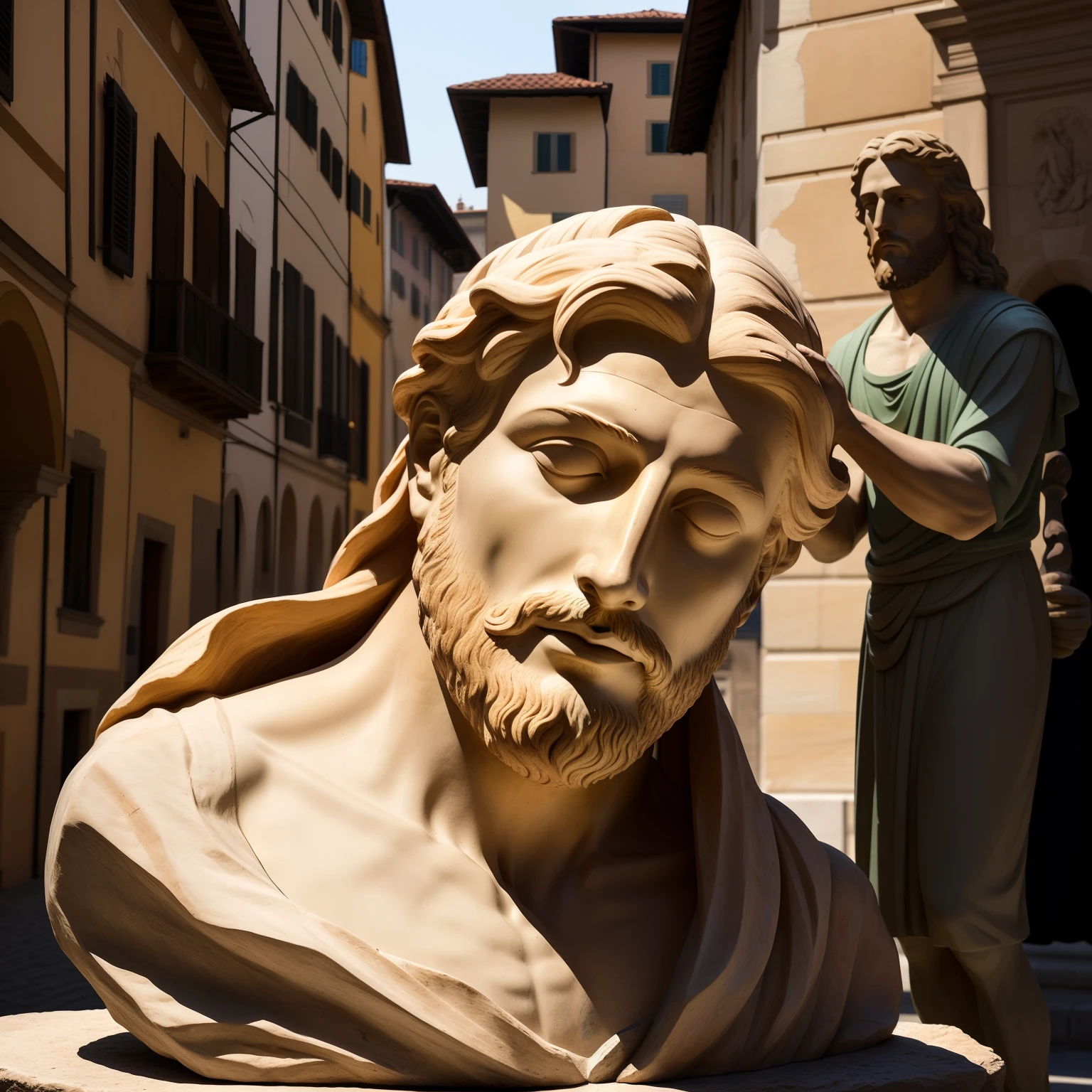 Statue of Jesus Araffed standing with a man.The man is a Western European background in medieval costume and is far away from the Florentine town，Sunset ，The sky is full of red，realistic 8k bernini sculpture, Statue of the perfect man, Masterpiece works of art, Escultura Michelangelo, Perfect statue, Beautiful man, author：Alessandro Alori, Jesus kisses Maria Maddalena, Handsome man, author：Giulio Clovio, Contrapposto