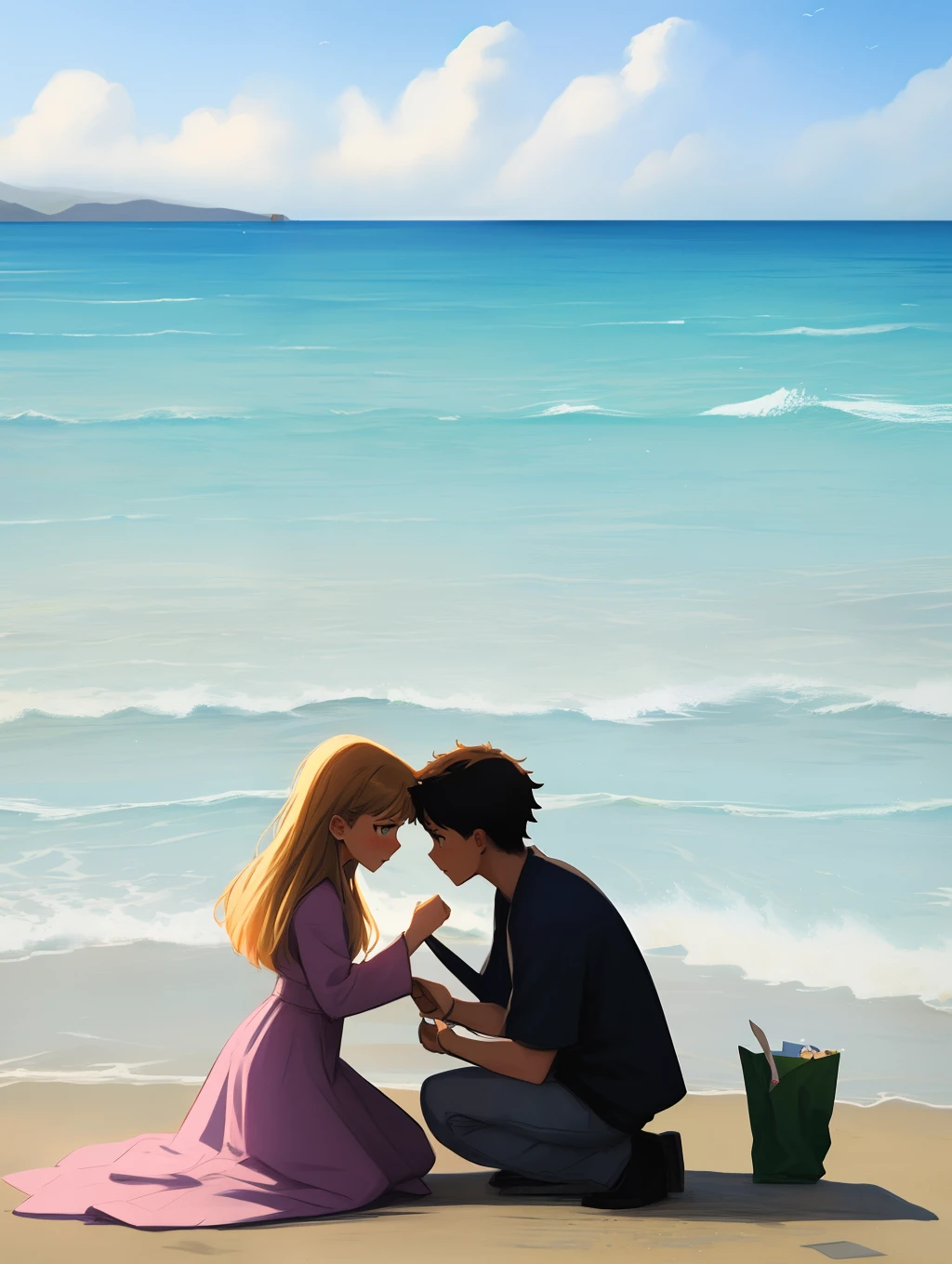 Use anime to draw a photo of a boy kneeling on one knee by the beach holding flowers and confessing to a girl