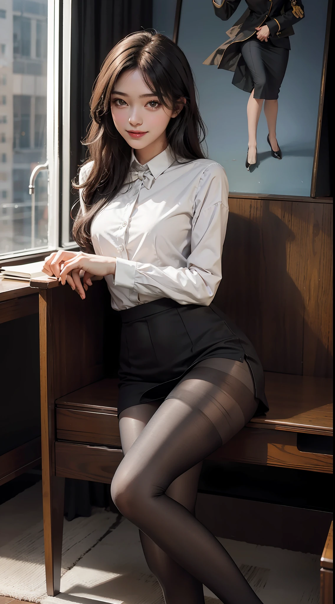 Best Quality, Full Body Portrait, Cinematic Texture Shots, Delicate Face, Beautiful Face, 20 Year Old Woman, Smiling, Slim Figure, Small Bust, OL Uniform, Office Wear, (Black Pantyhose), (No Panties), Interior Scene, Office, Seated