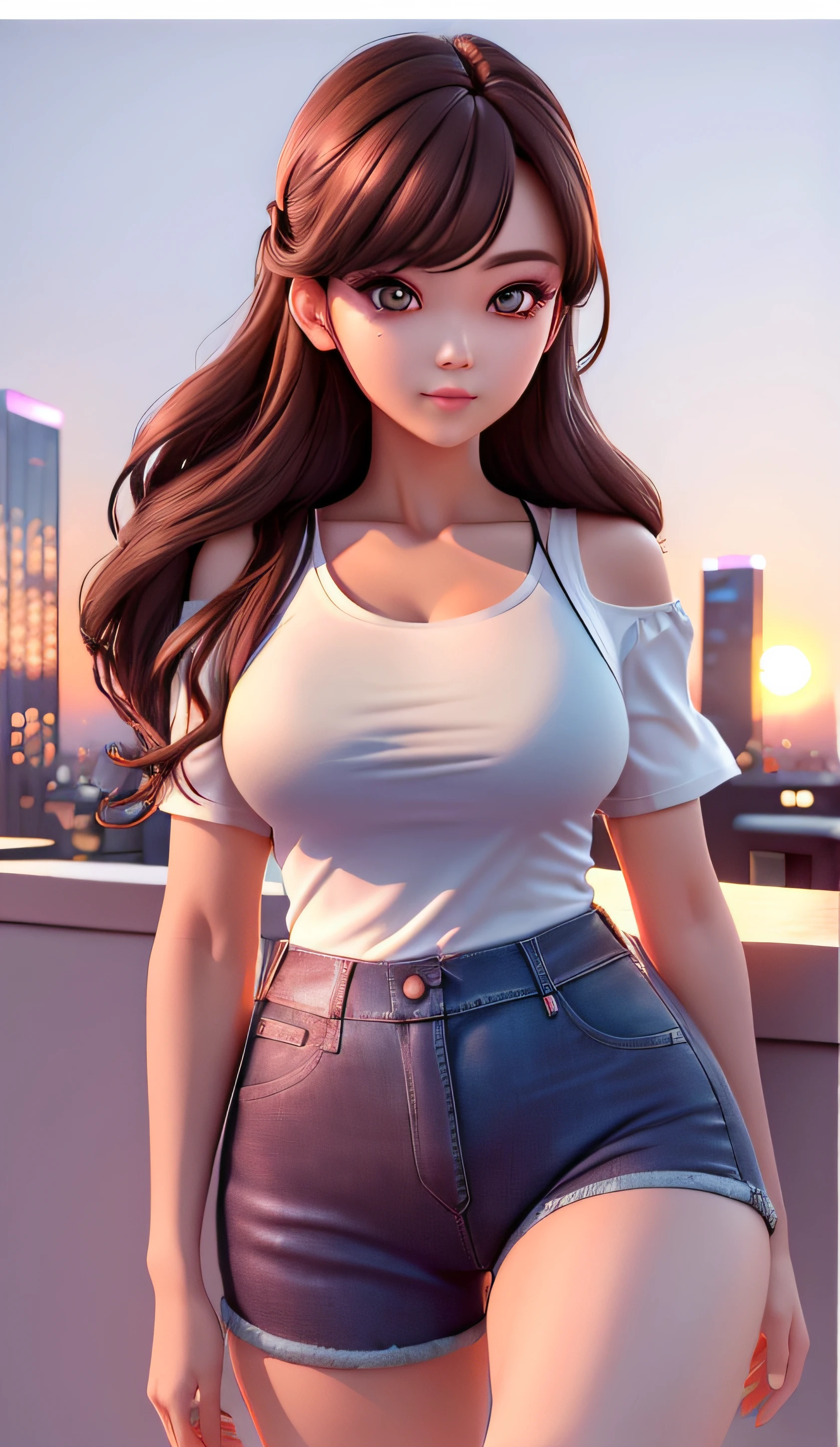 ((Midnight, Best quality, 8k, Masterpiece :1.3)), Whole body, Long legs, Sharp focus :1.2, A pretty woman with perfect figure :1.4, Slender abs :1.1, ((Dark brown hair, Big breasts :1.2)), (White tight tshirt, Jean bib, Standing:1.2), ((Night city view, Rooftop:1.3)), Highly detailed face and skin texture, Detailed eyes, Double eyelid, sunset, darken, backlit, off shoulder