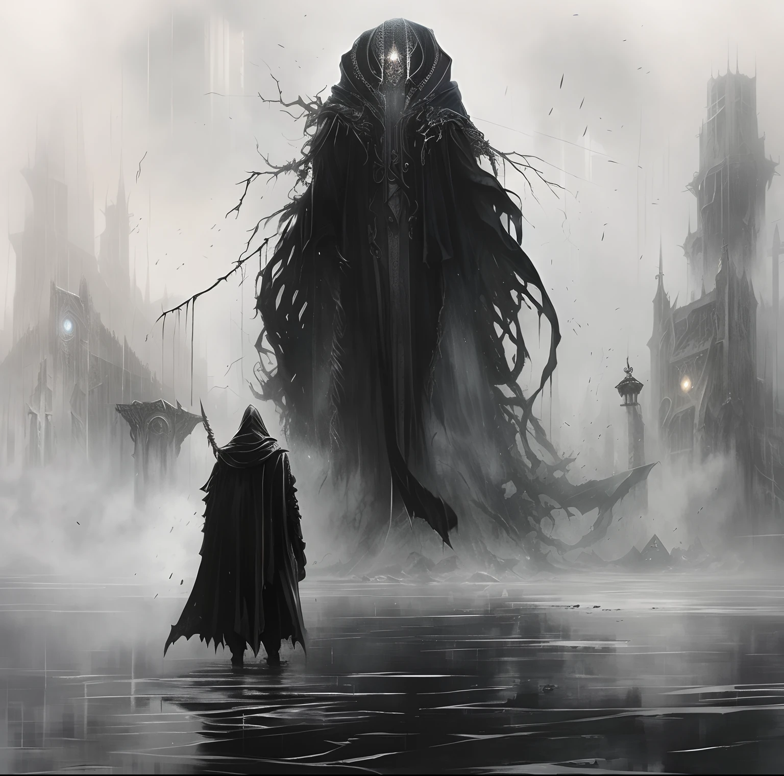 An image of a man in a cloak and hooded cloak standing in the rain of Arad, an ominous fantasy illustration, dark fantasy concept art, dark fantasy style art, dark fantasy illustration, cthulhu rising from the ocean, dan mumford tom bagshaw, dark fog surrounds him, dark fantasy artwork, dark soul concept, dark souls concept art, the allfather